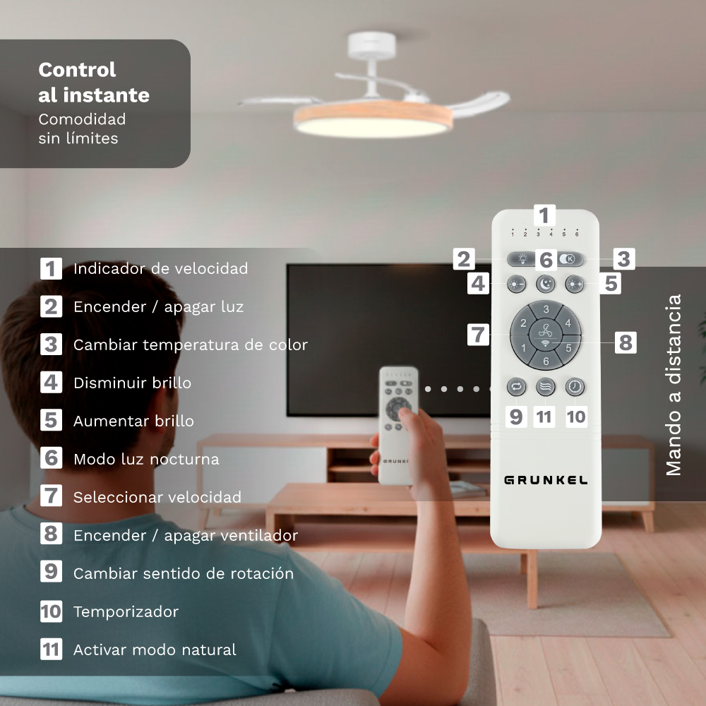 Mando a distancia para ventilador de techo con botones y funciones numeradas.