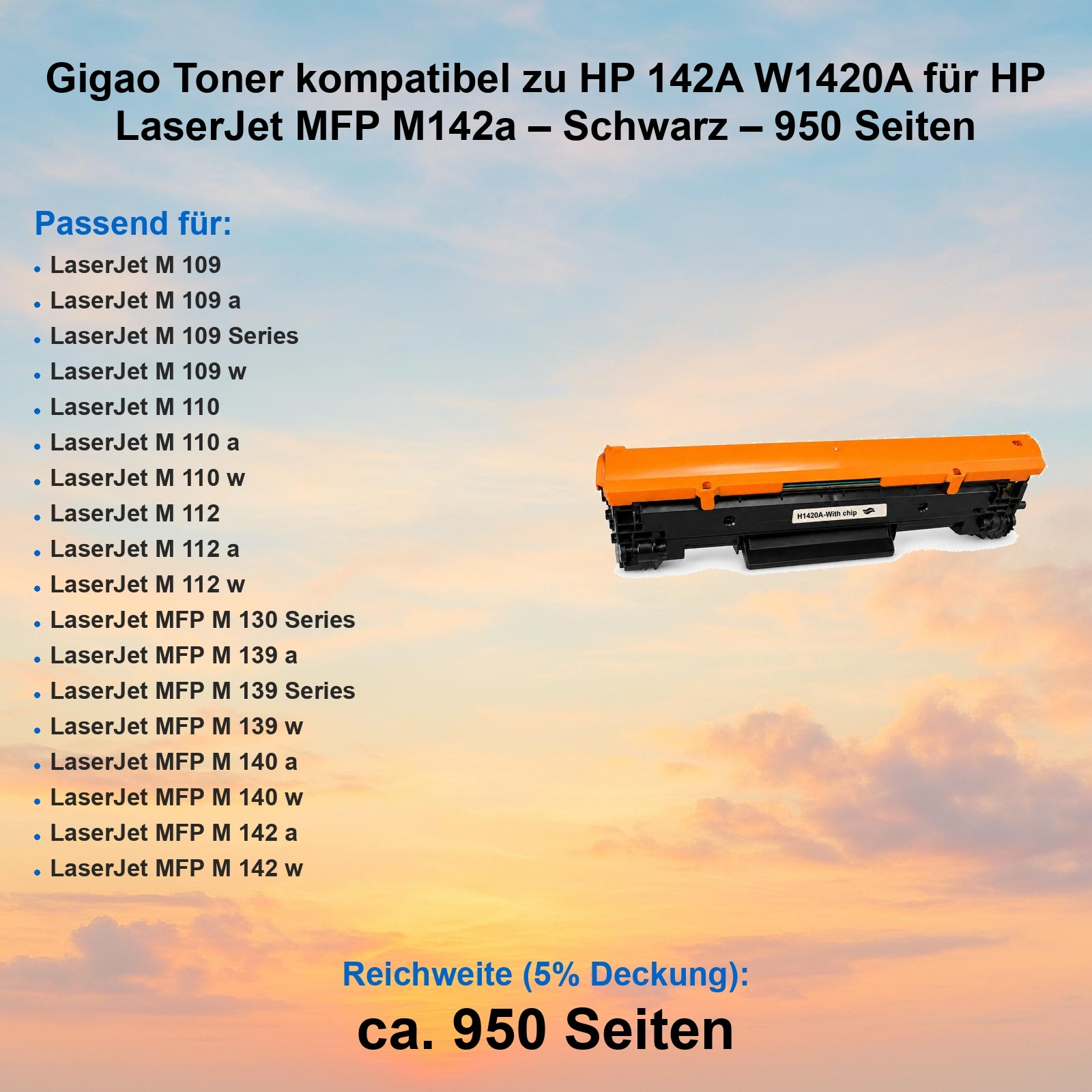 Ein orangefarbener Tonerkartusche für HP LaserJet MFP M142a liegt vor hellem Himmel.