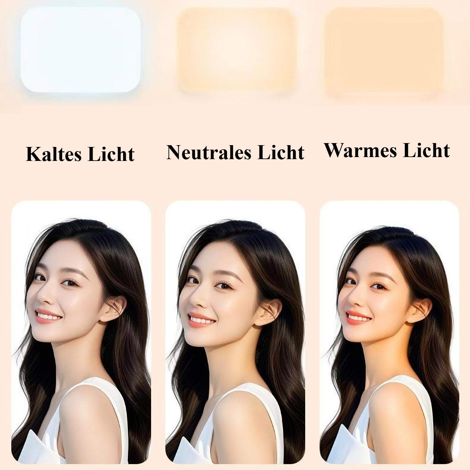 Drei weibliche Models, die verschiedene Lichttemperaturen zeigen: kühl, neutral und warm.