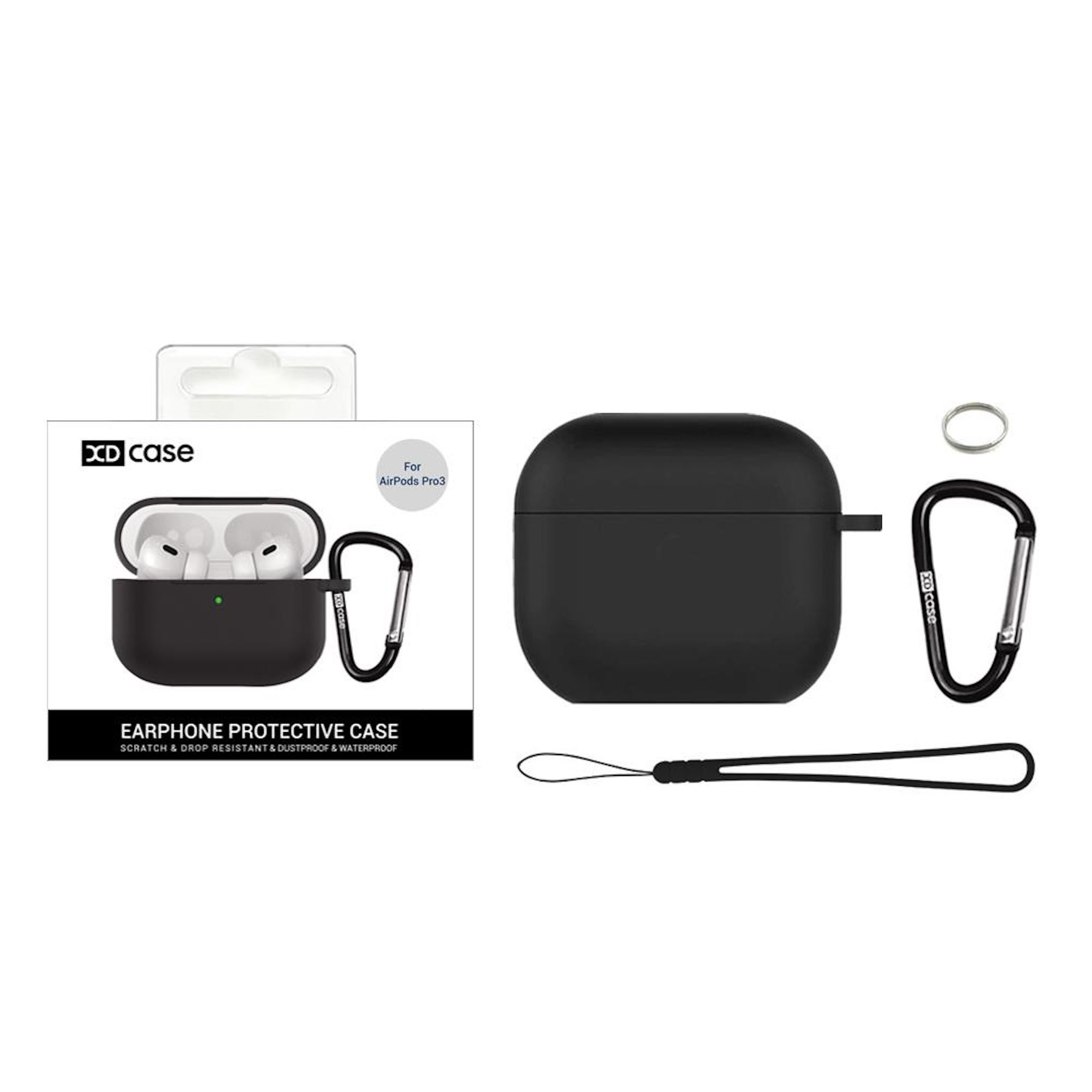 Funda negra para AirPods Pro 3 con auriculares, mosquetón y correa.