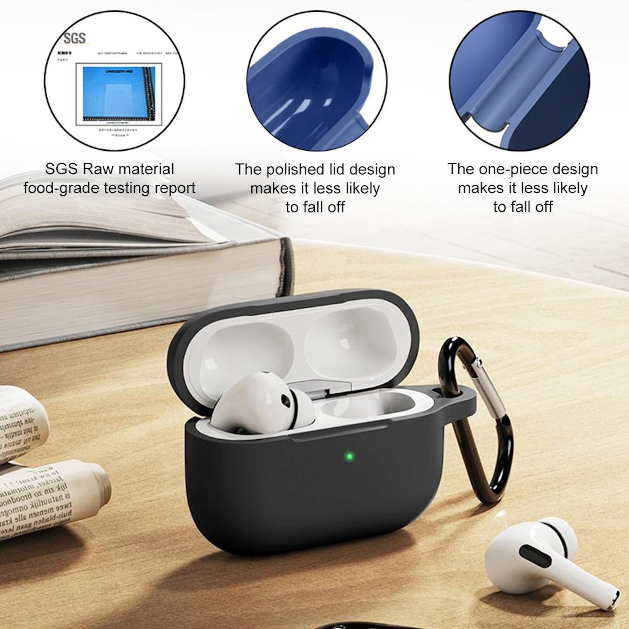 Un estuche negro para auriculares inalámbricos con un auricular dentro. Otro auricular está al lado.