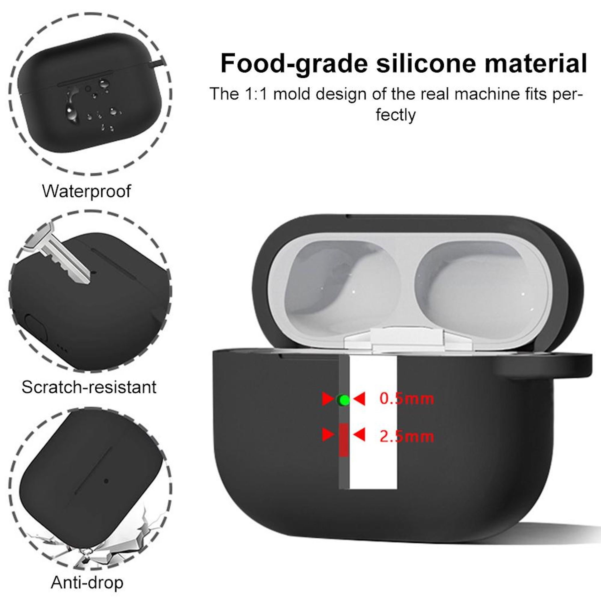 Funda negra de silicona para auriculares que muestra dimensiones 0,5 mm y 2,5 mm.