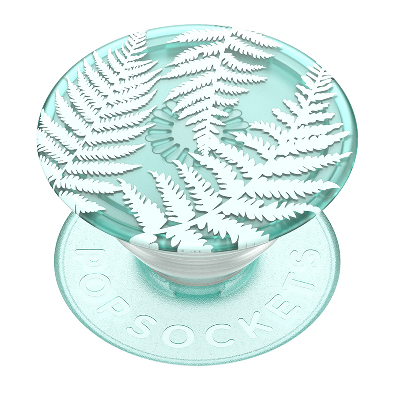 Türkisgrüner Popsocket mit weißen Farnblättern und Logo.