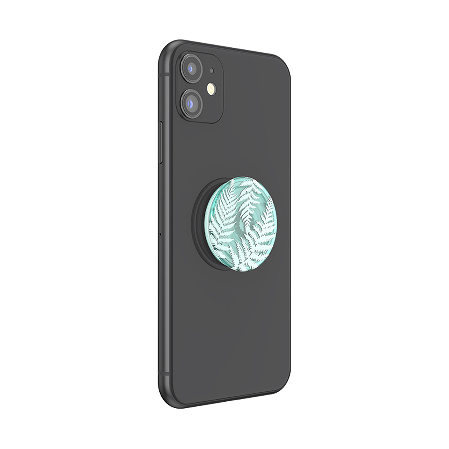 Schwarzes Smartphone mit einem runden Griff mit Farnmuster in Türkis und Weiß.