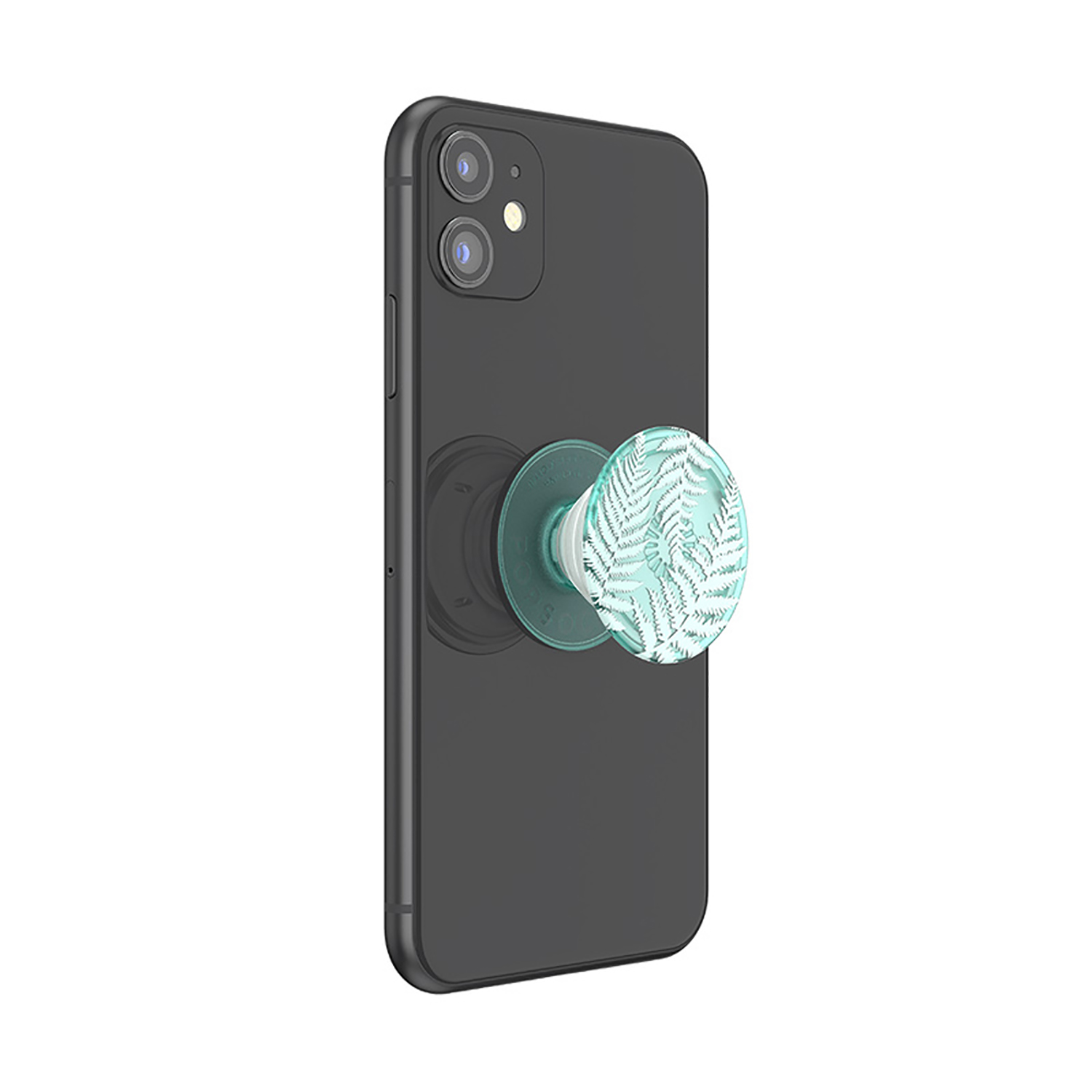 Rückseite eines schwarzen Smartphones mit einem Pop-Socket mit Farnmuster.