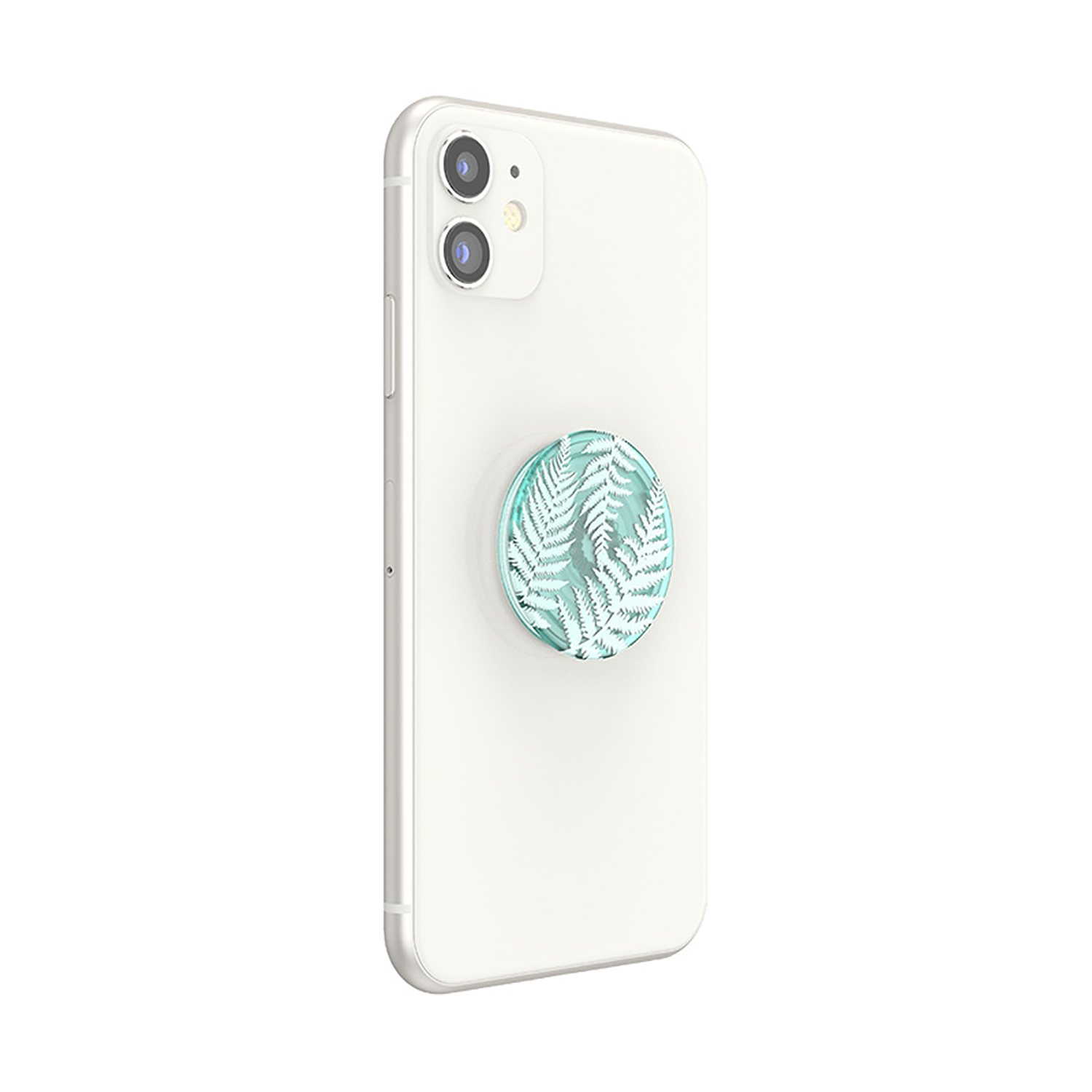 Ein weißes Smartphone mit einem blauen Fächerblatt-Design als PopSocket.