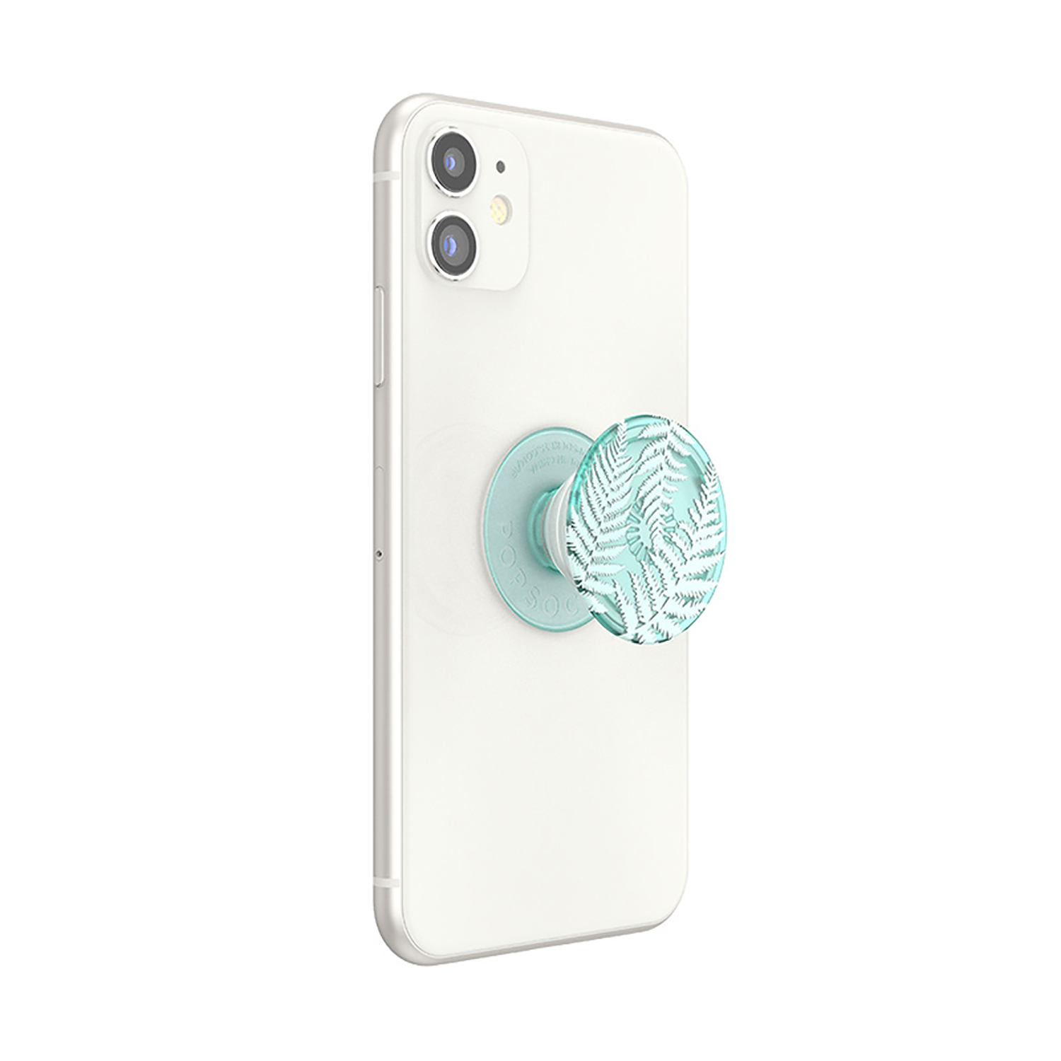 Ein weies Smartphone mit einem mintgrünen PopSocket mit Farnmuster.