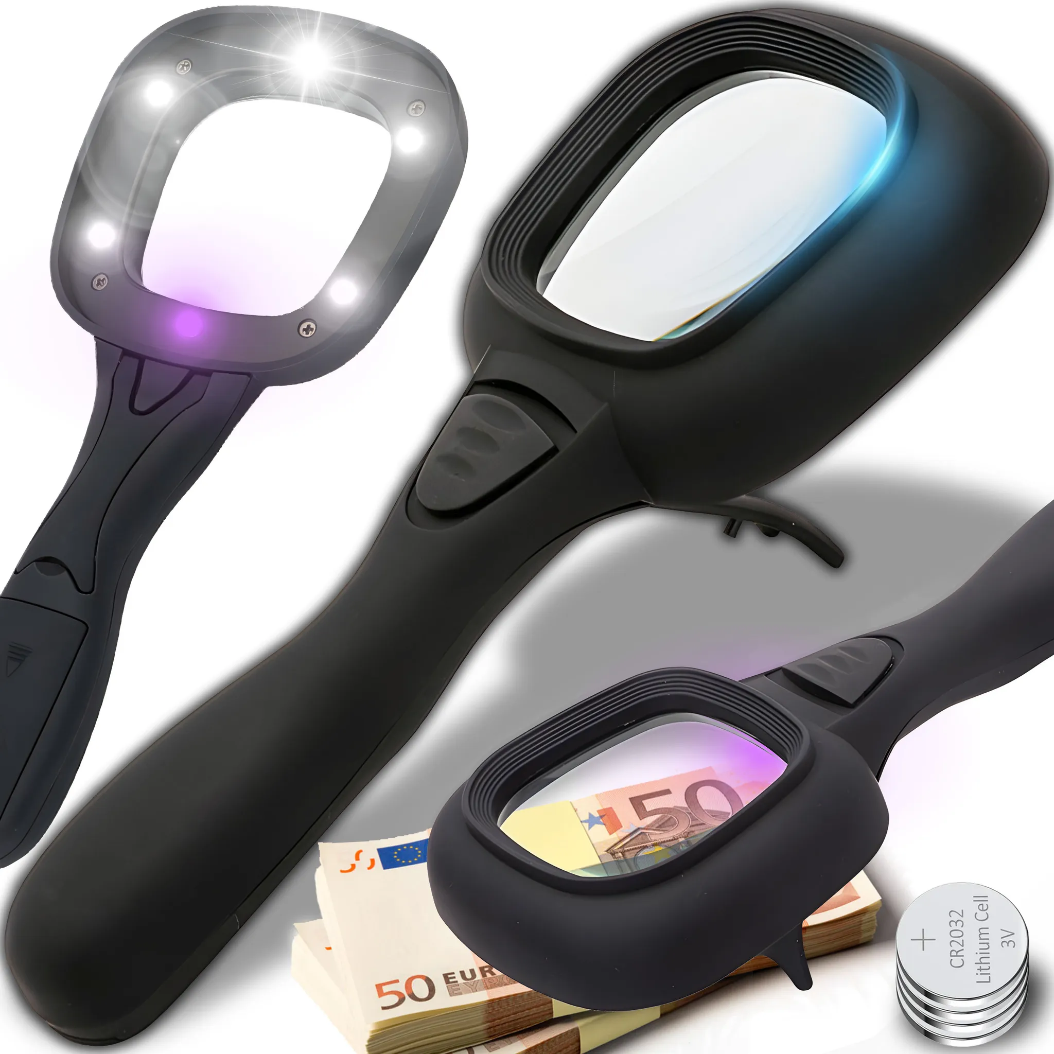 Drei Lupen mit LED-Licht und Euro-Scheine.