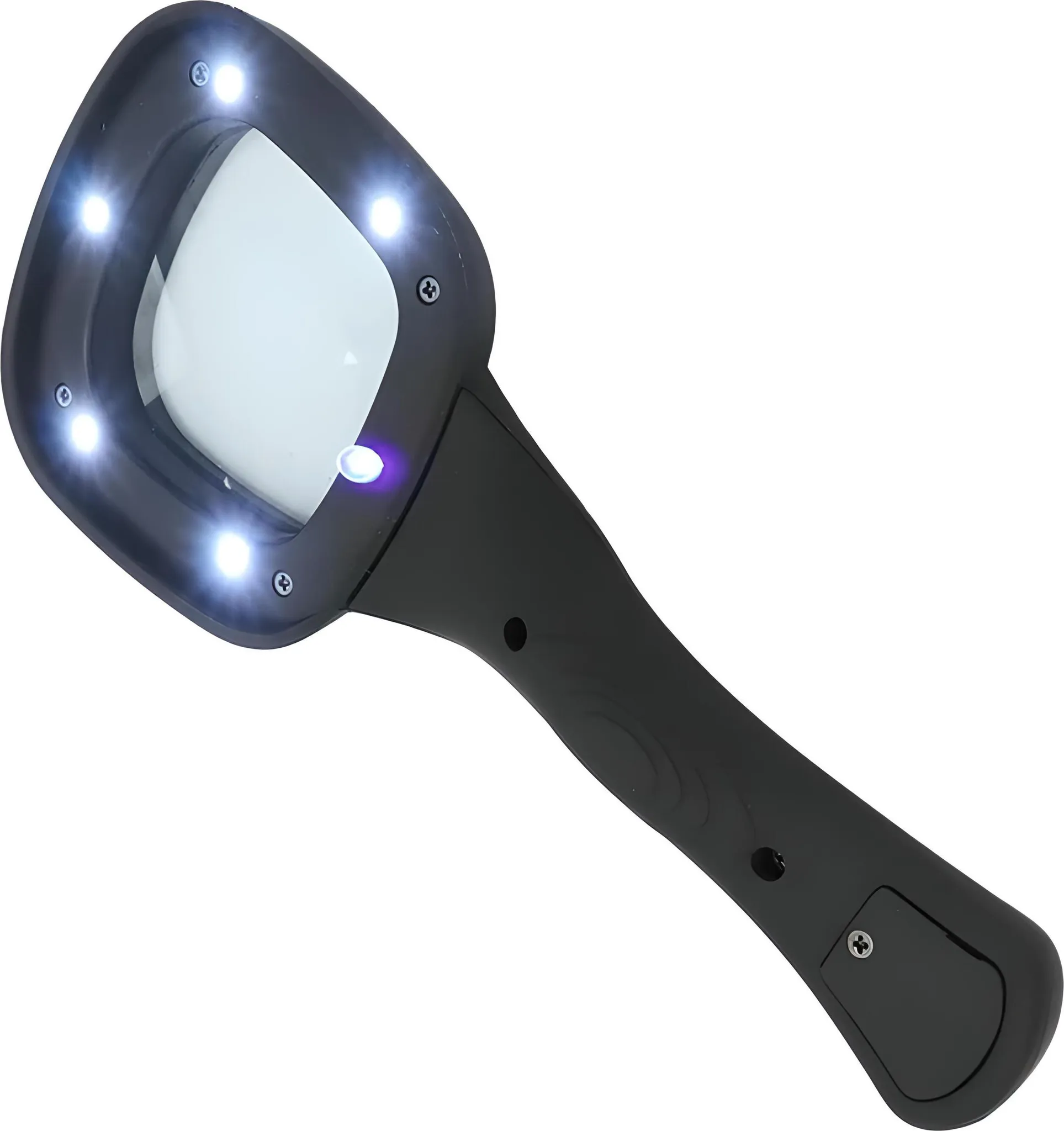 Schwarze Lupe mit sechs weißen LEDs und einem blauen Licht an der Oberseite.