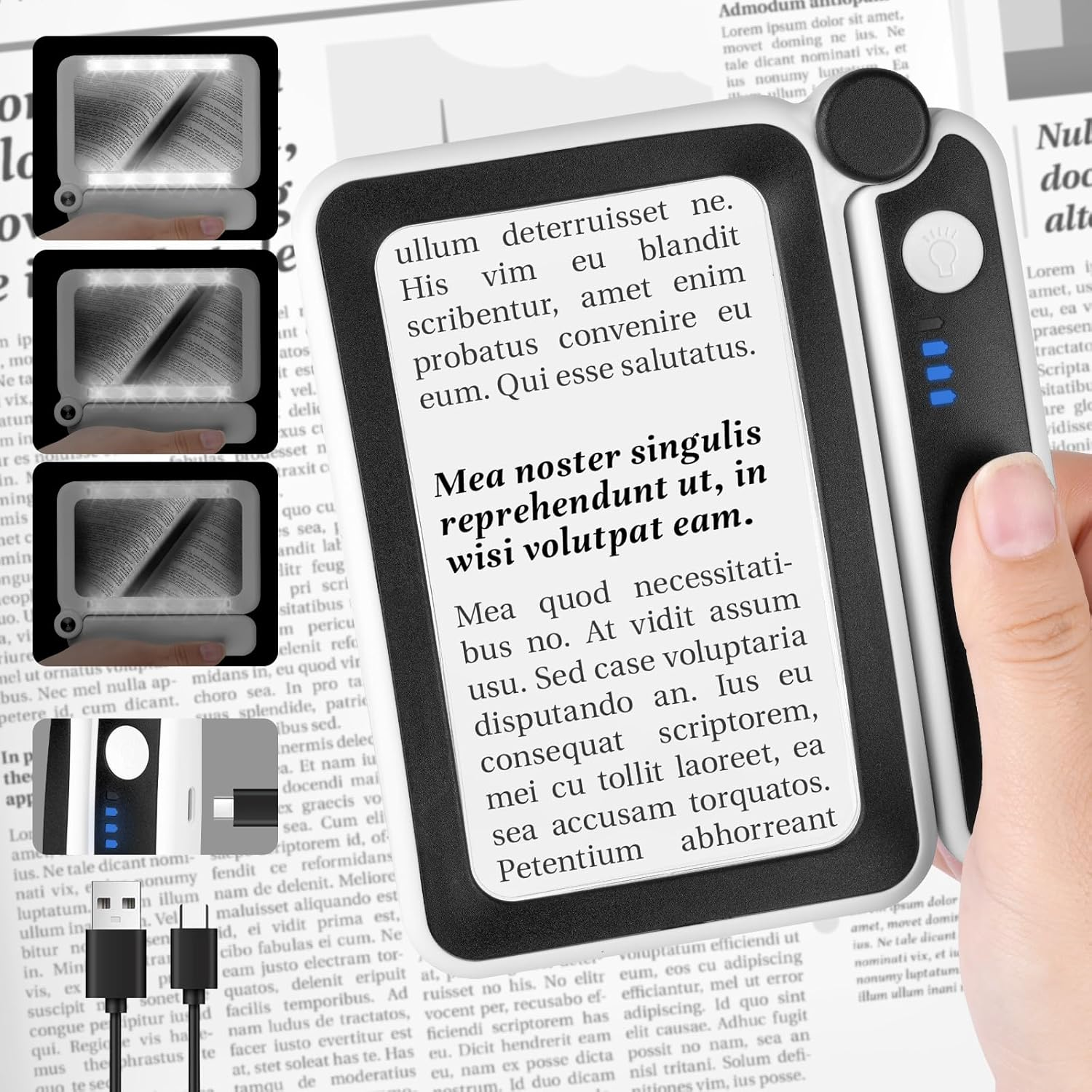 Ein vergrößerndes Lesegerät mit LED-Beleuchtung und USB-Anschluss.