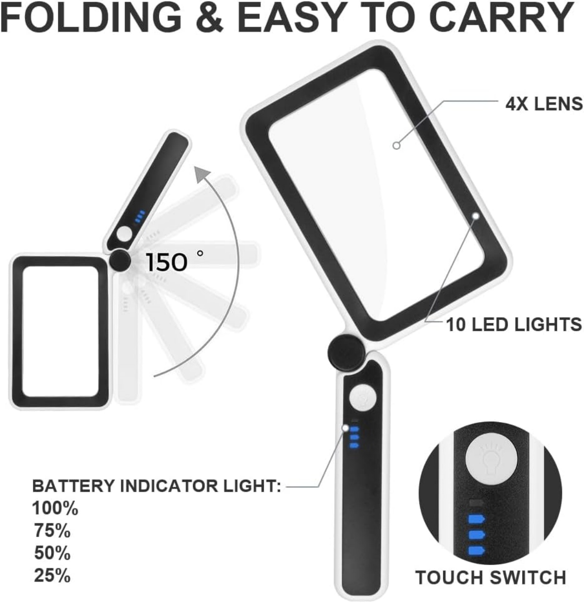 Lupe mit 4-facher Vergrößerung, 10 LEDs, 150° Faltbarkeit und Batterieanzeige.