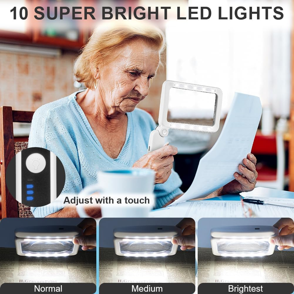 Ältere Frau benutzt eine Lupe mit 10 LEDs, um ein Dokument zu lesen.