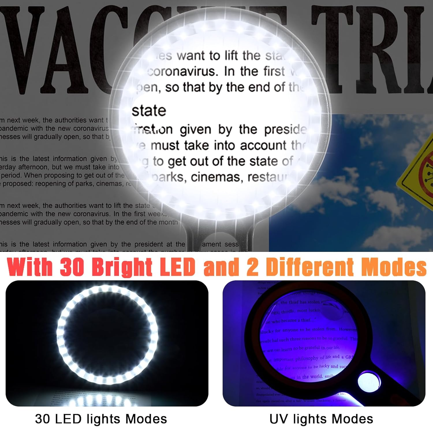 Lupe vergrößert Zeitungsartikel über Coronavirus. Unten: LED-Ringlicht und UV-Lampe.