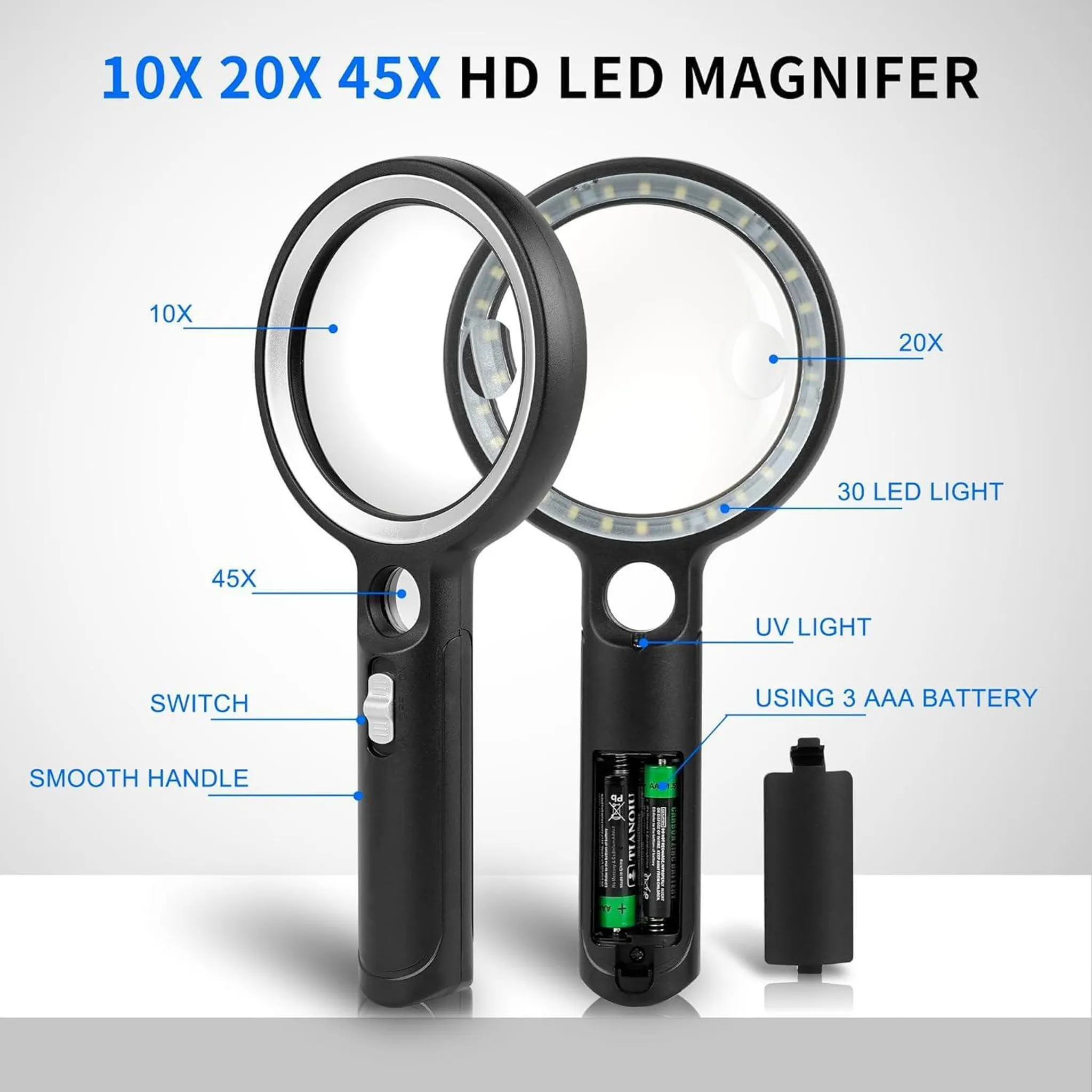Zwei Lupen mit Griffen, LED-Licht und Batteriefach. Beschriftungen zeigen Vergrößerung.