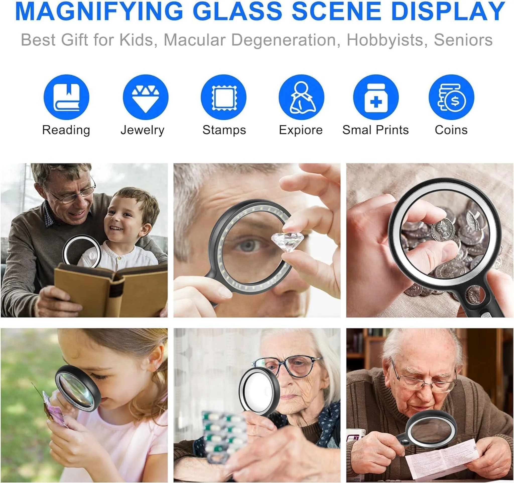 Eine Collage mit 6 Bildern, die verschiedene Anwendungen von Lupen zeigen.