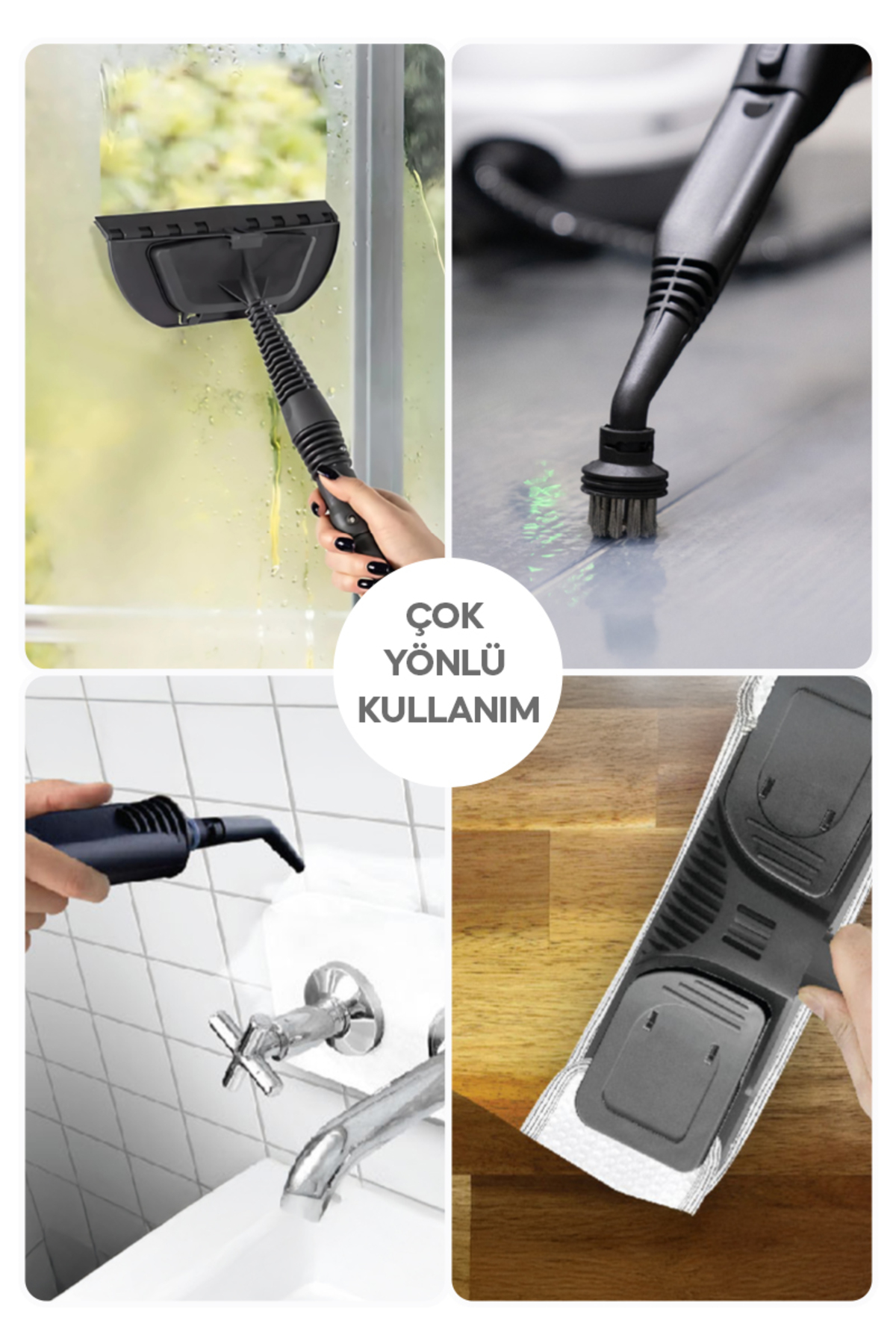 Buharlı temizleyici pencere, zemin ve banyo fayanslarını temizlemek için kullanılır.