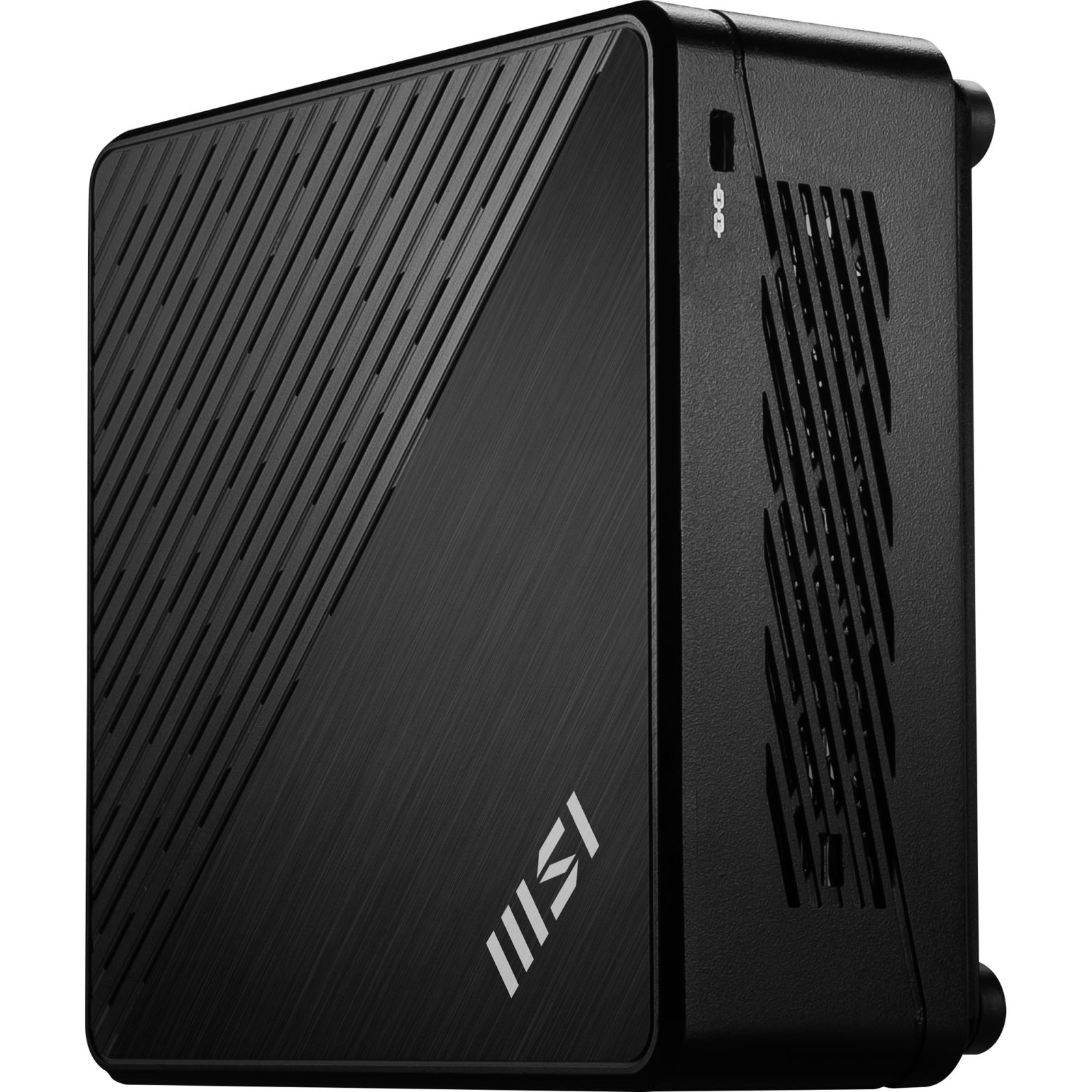 Czarny mini PC MSI z ukośnymi otworami wentylacyjnymi z przodu i po bokach. Logo MSI z przodu.