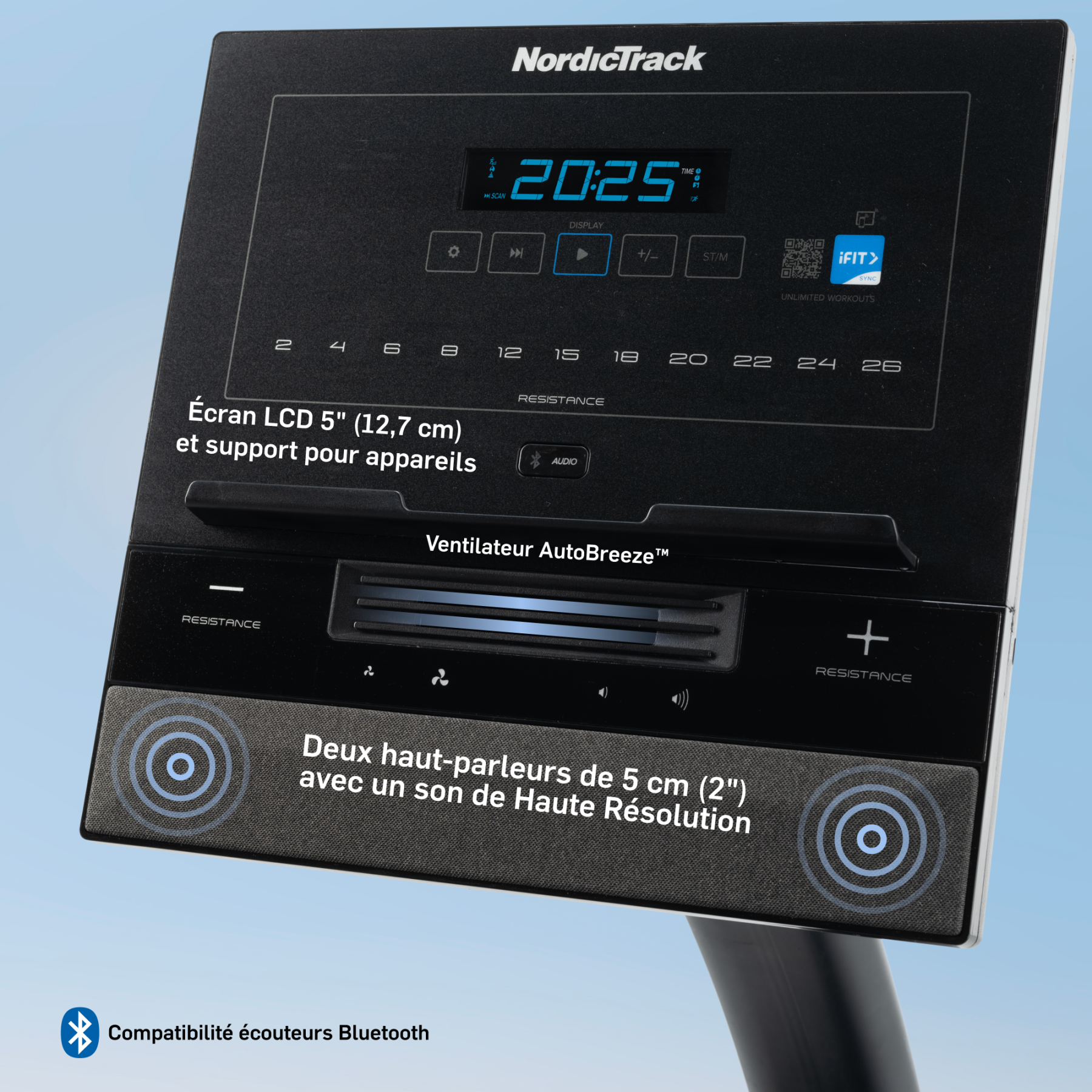 NordicTrack-Display mit 5-Zoll-LCD, Lüfter, Lautsprechern und Bluetooth.