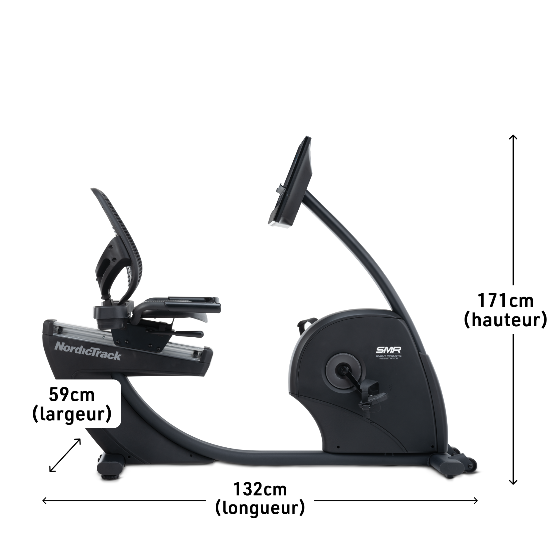 Ein schwarzes NordicTrack Heimtrainer mit Sitz und Bildschirm, 132cm lang.