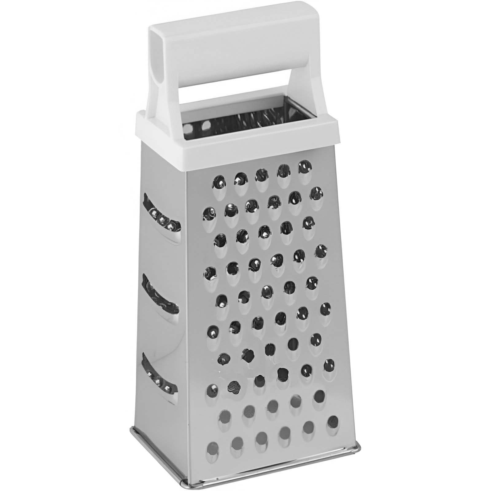 Una grattugia a scatola rettangolare con manico bianco e quattro lati con diversi schemi di fori.