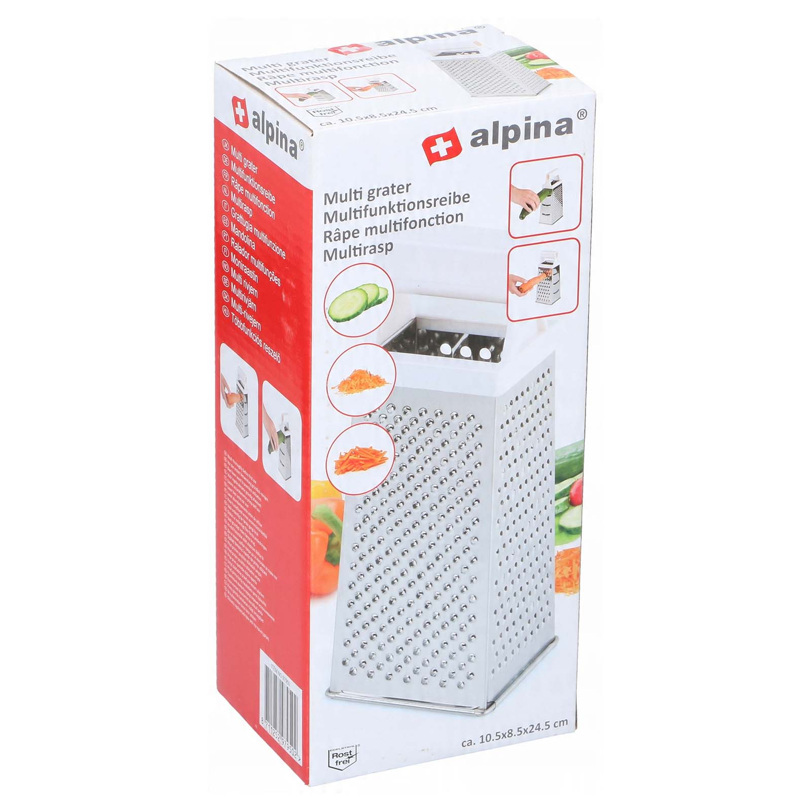 Scatola di una grattugia multiuso Alpina con immagini di fette di cetriolo e carote grattugiate.