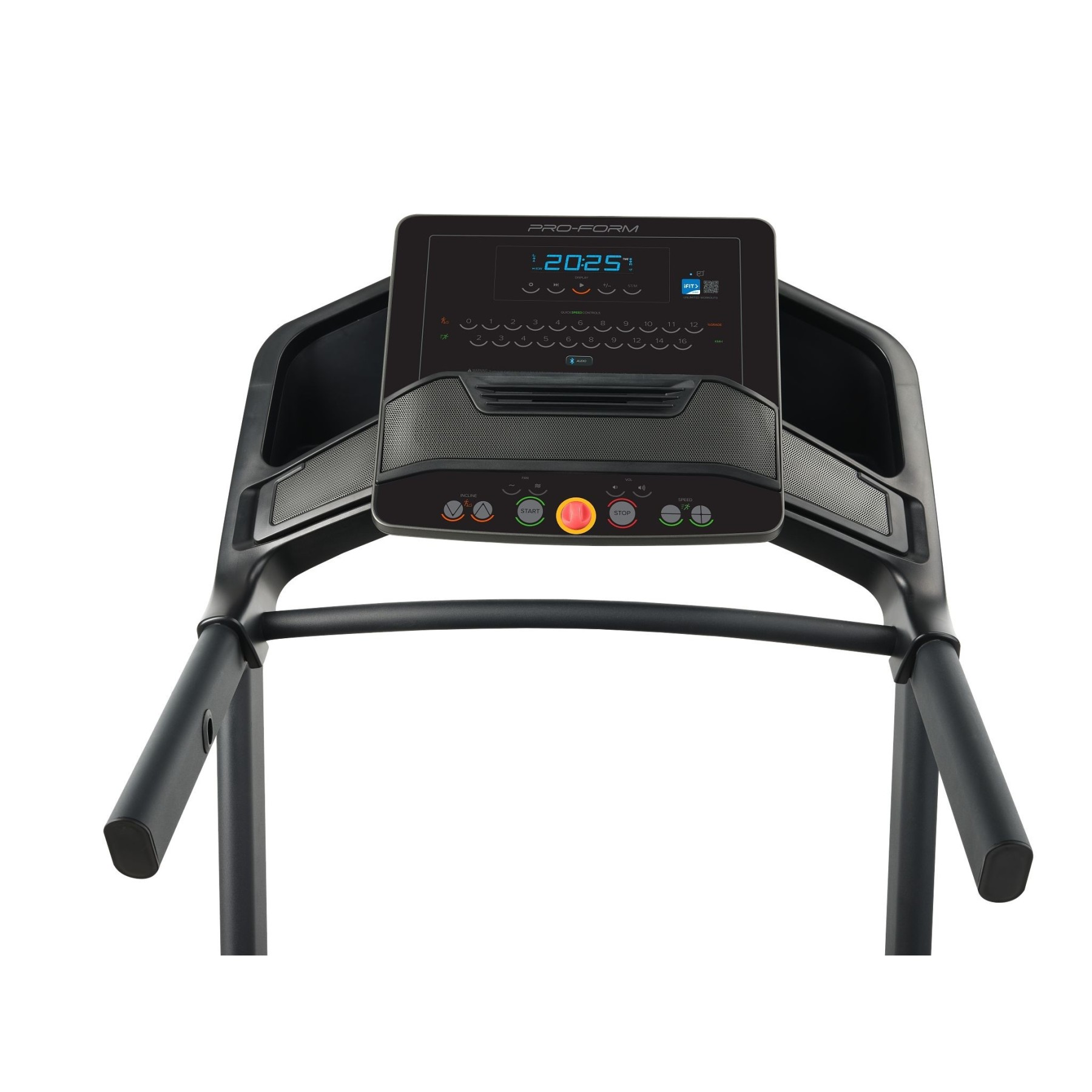 Una cinta de correr Pro-Form negra con pantalla digital y panel de control.