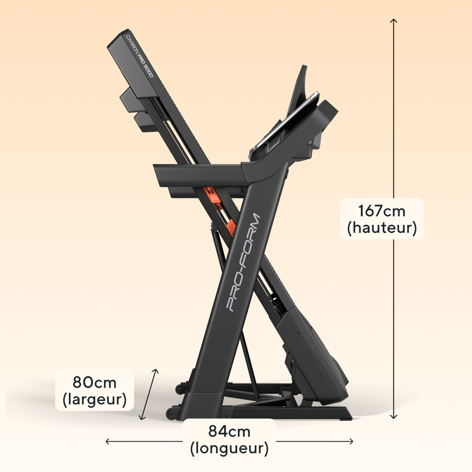 Cinta de correr Pro-Form negra con dimensiones: 80cm ancho, 84cm largo, 167cm alto.