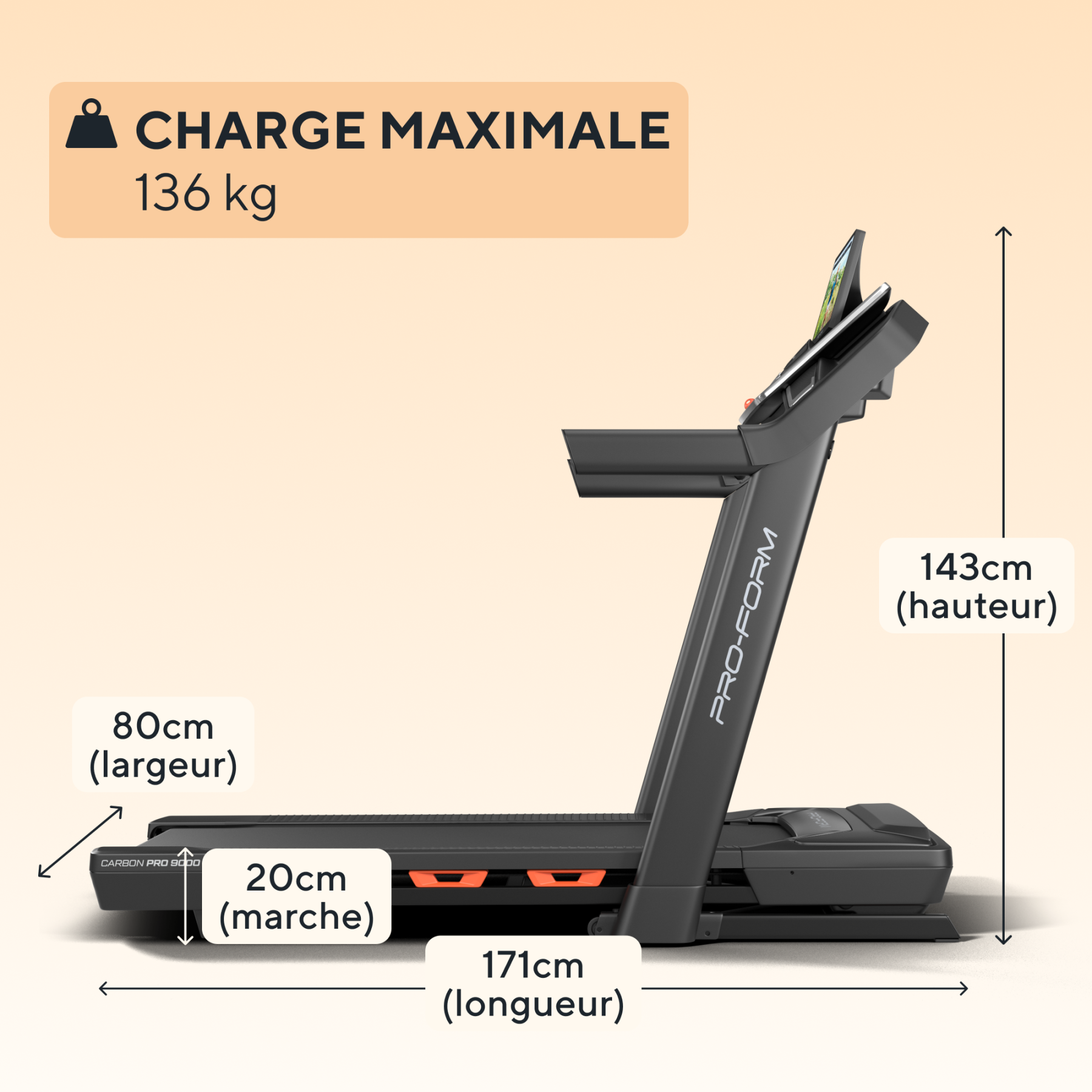 Una cinta de correr negra con dimensiones y una carga máxima de 136 kg.
