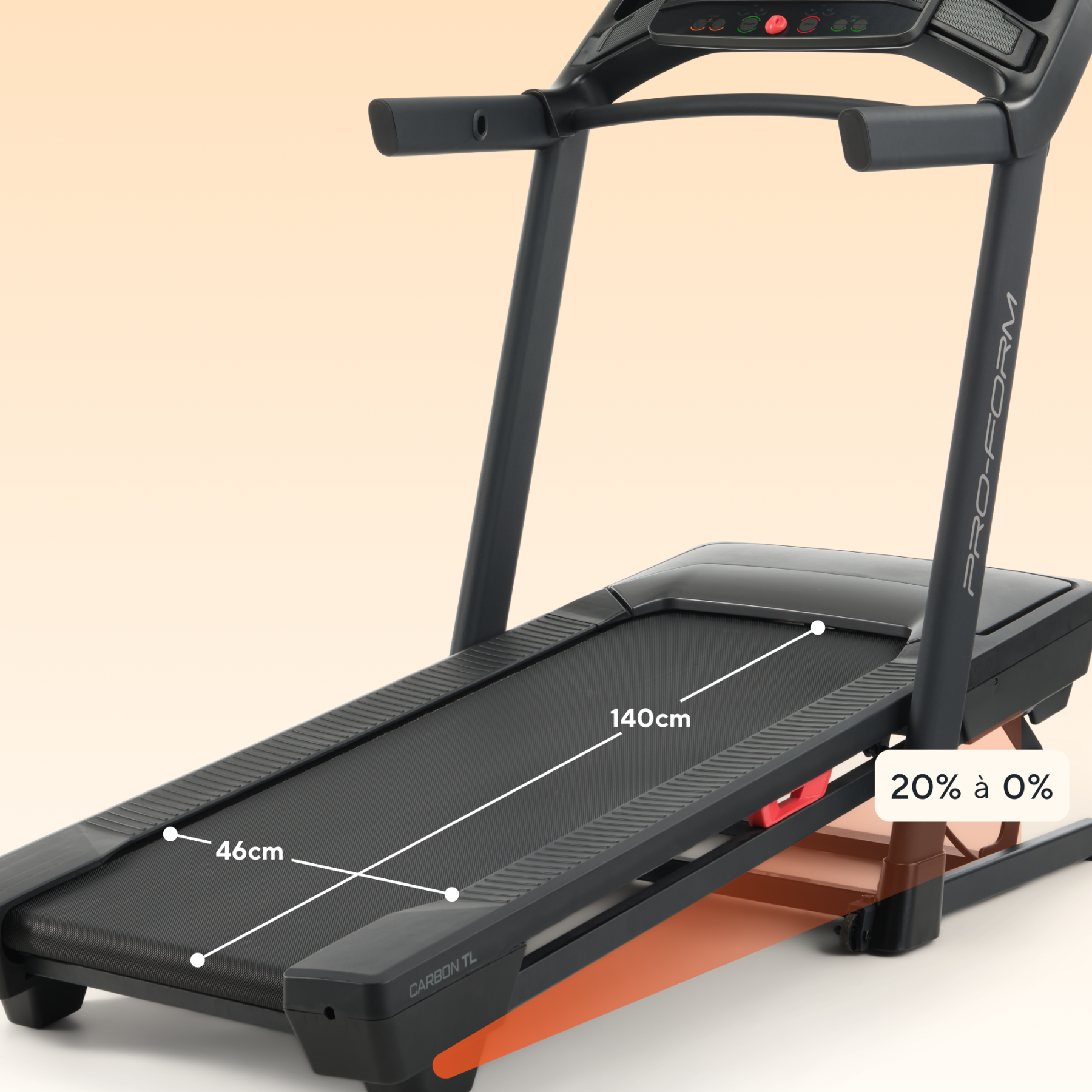 Cinta de correr negra con pantalla de inclinación 20% a 0% y medidas.