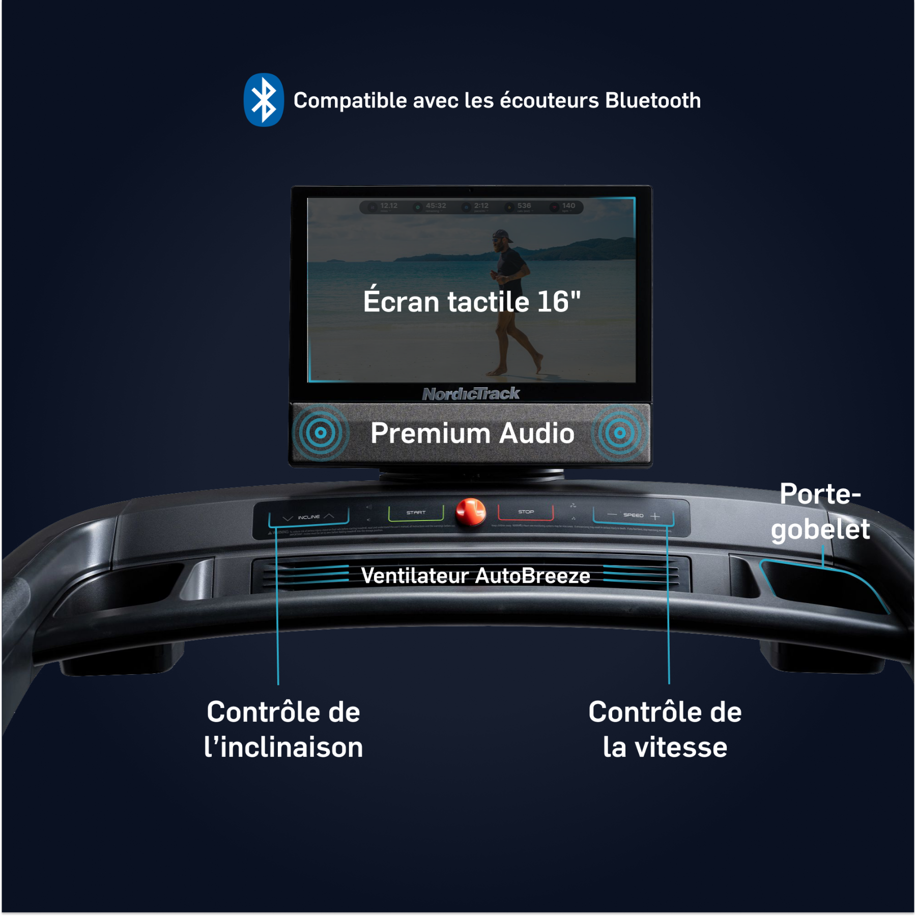 Laufband mit 16-Zoll-Touchscreen, Premium-Audio und Bluetooth.