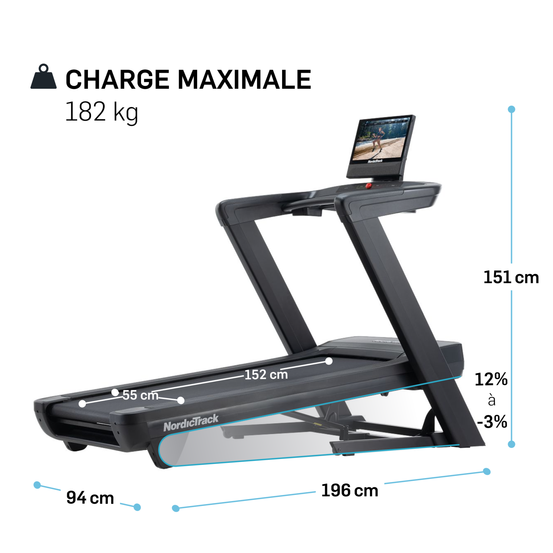 Ein schwarzes NordicTrack Laufband mit Touchscreen-Display, Maßen und maximaler Belastung.