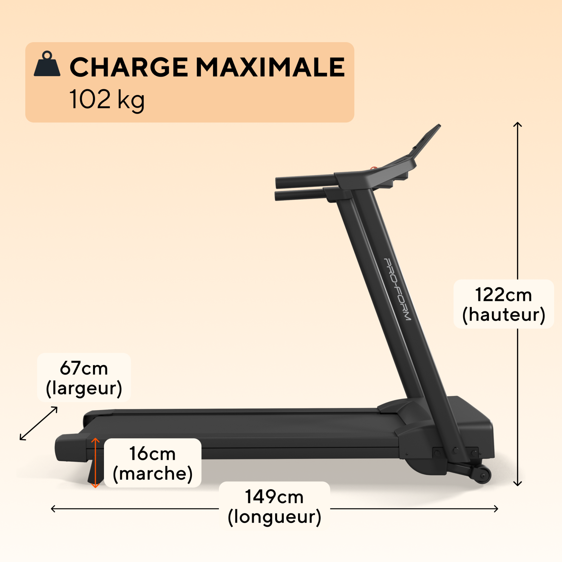 Cinta de correr negra con dimensiones: 149cm largo, 67cm ancho, 122cm alto, 16cm banda.