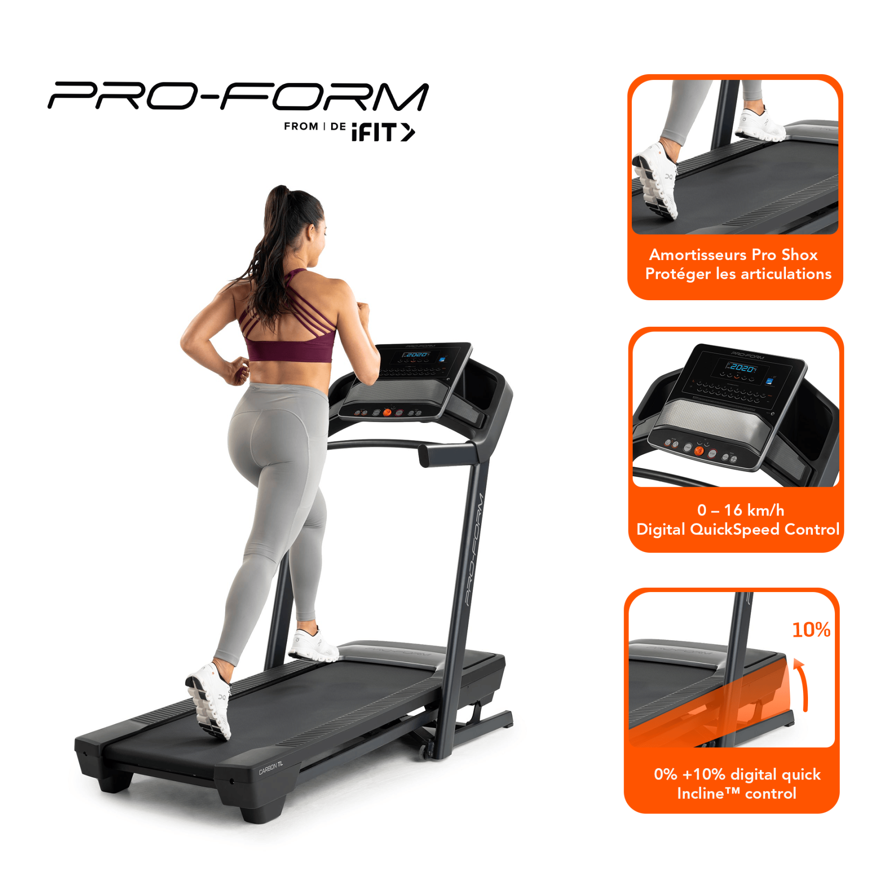 Una mujer corre en una cinta de correr Pro-Form con control digital de velocidad e inclinación.