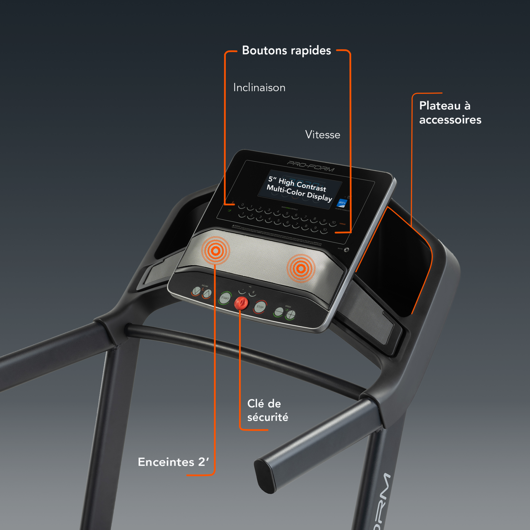 Una cinta de correr con pantalla de 5 pulgadas, botones rápidos, altavoces y bandeja.