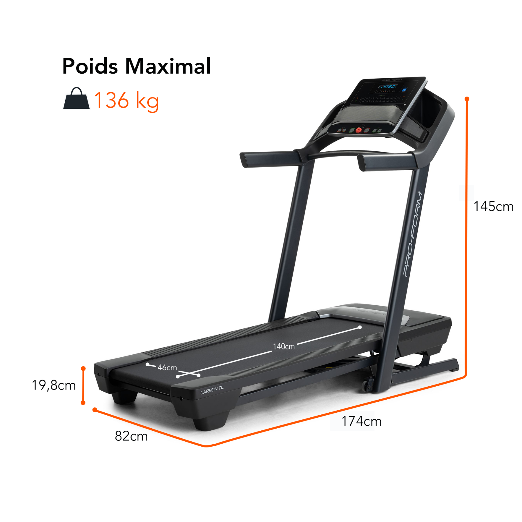 Una cinta de correr negra con dimensiones: 174x82x145cm, banda 140x46cm, máx 136kg.