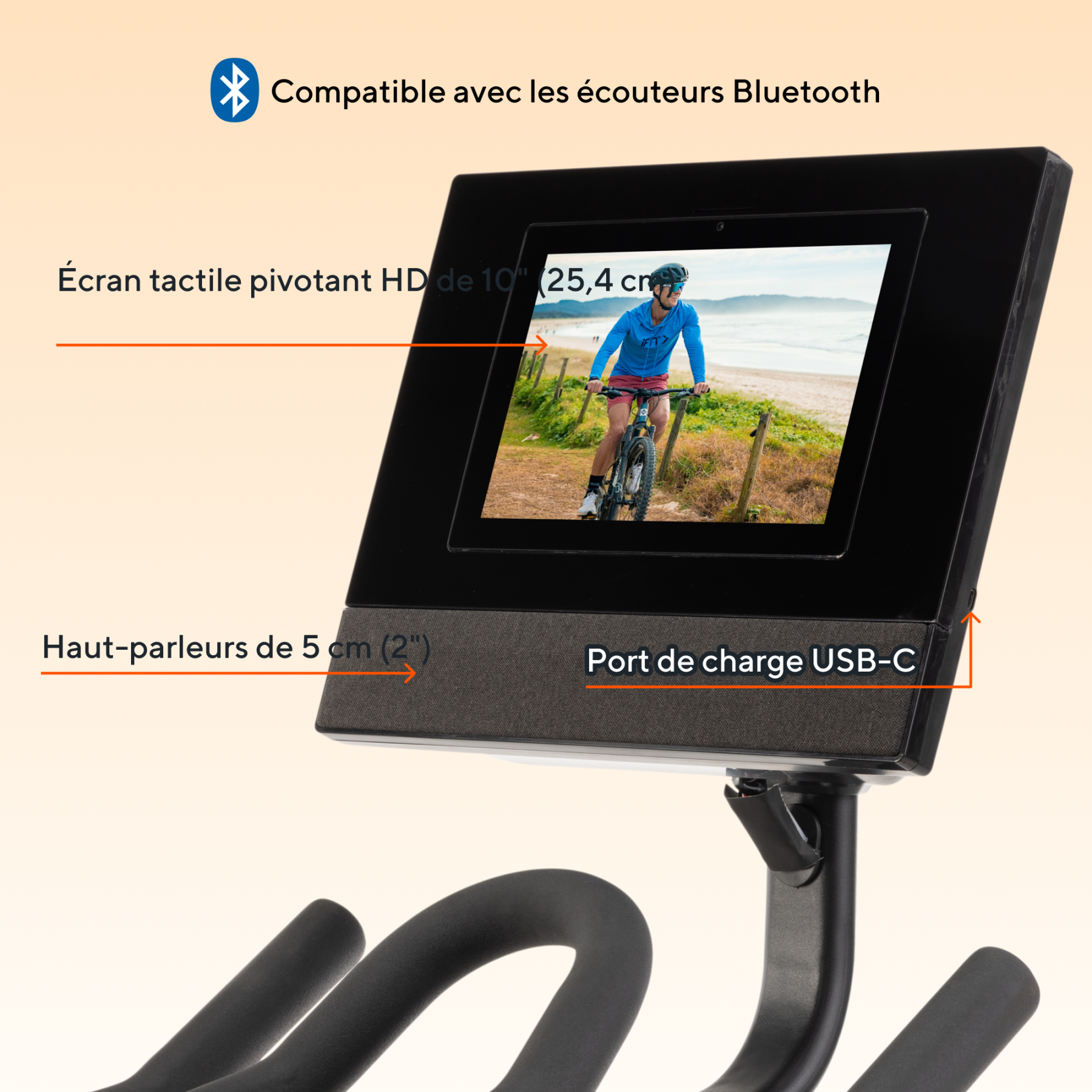 Fahrradtrainer-Bildschirm mit Bluetooth, Lautsprechern und USB-C-Anschluss.