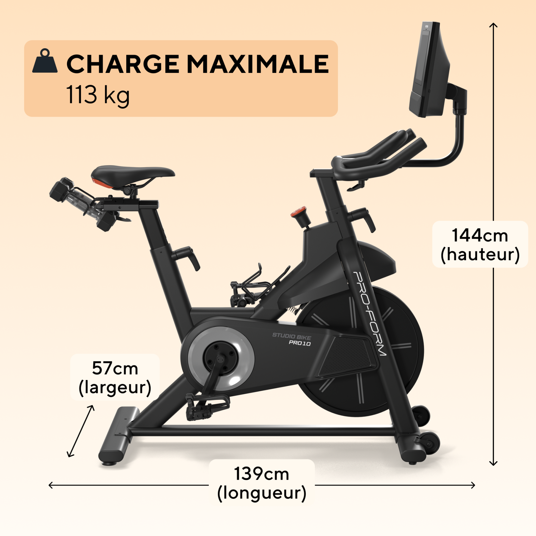 Schwarzes Indoor-Bike mit Bildschirm, Maße 144x57x139cm, max. 113kg.