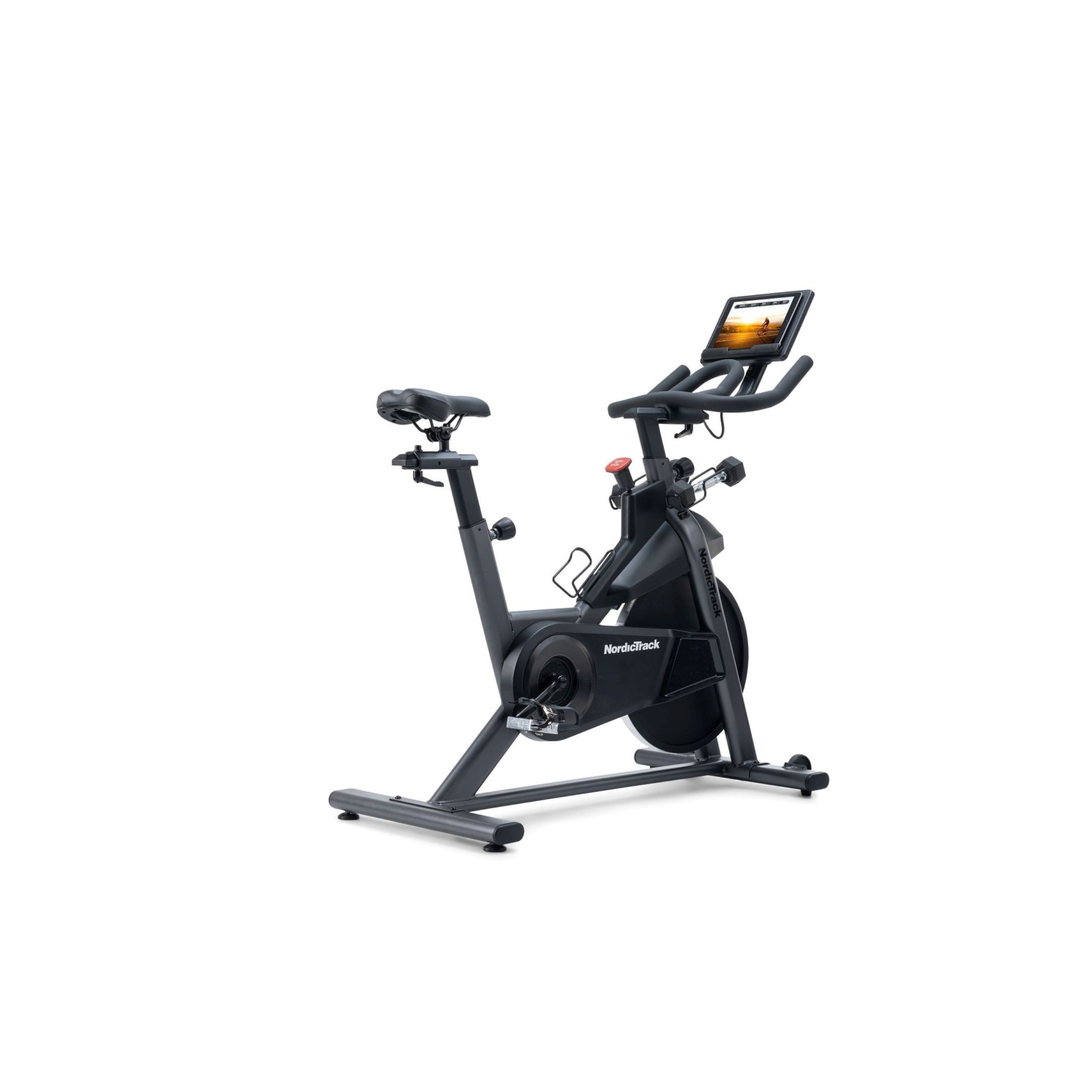 Ein schwarzes Indoor-Fahrrad mit einem Bildschirm und einem Flaschenhalter.
