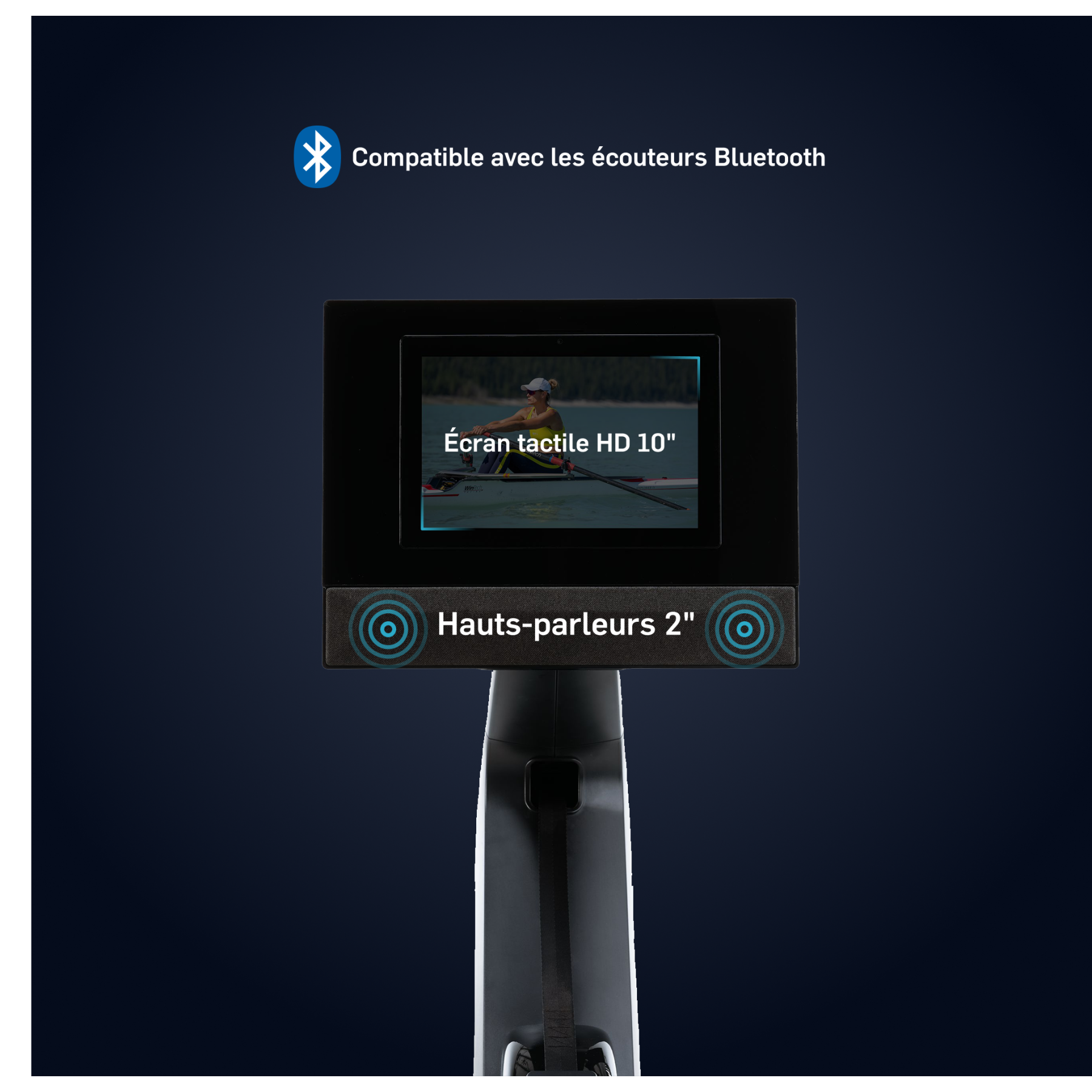 Rudergerät mit 10-Zoll-Touchscreen, Bluetooth, 2-Zoll-Lautsprechern.