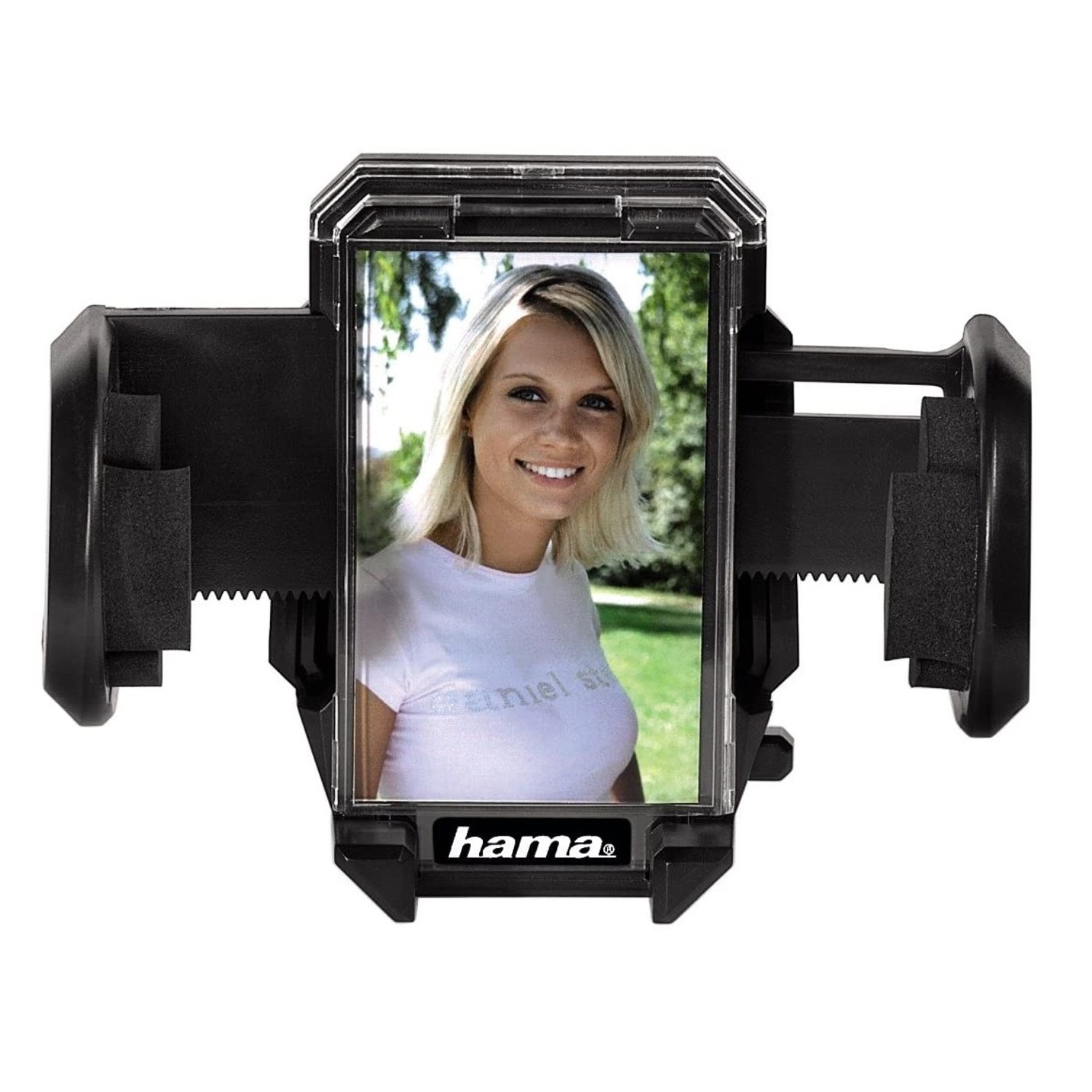 Ein schwarzer Handyhalter mit einem Foto einer lächelnden Frau im Freien.