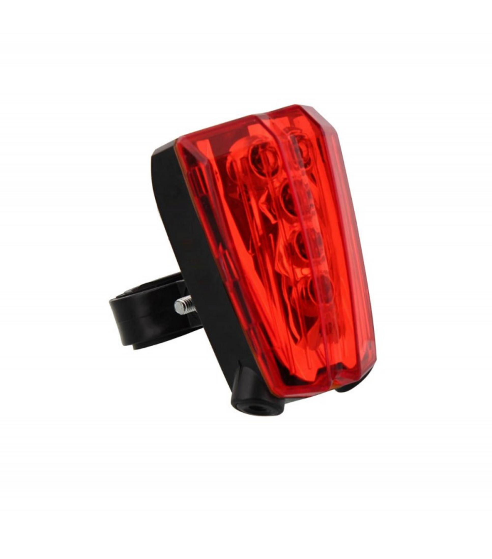 Rotes Fahrradrücklicht mit sechs LEDs und schwarzer Halterung.