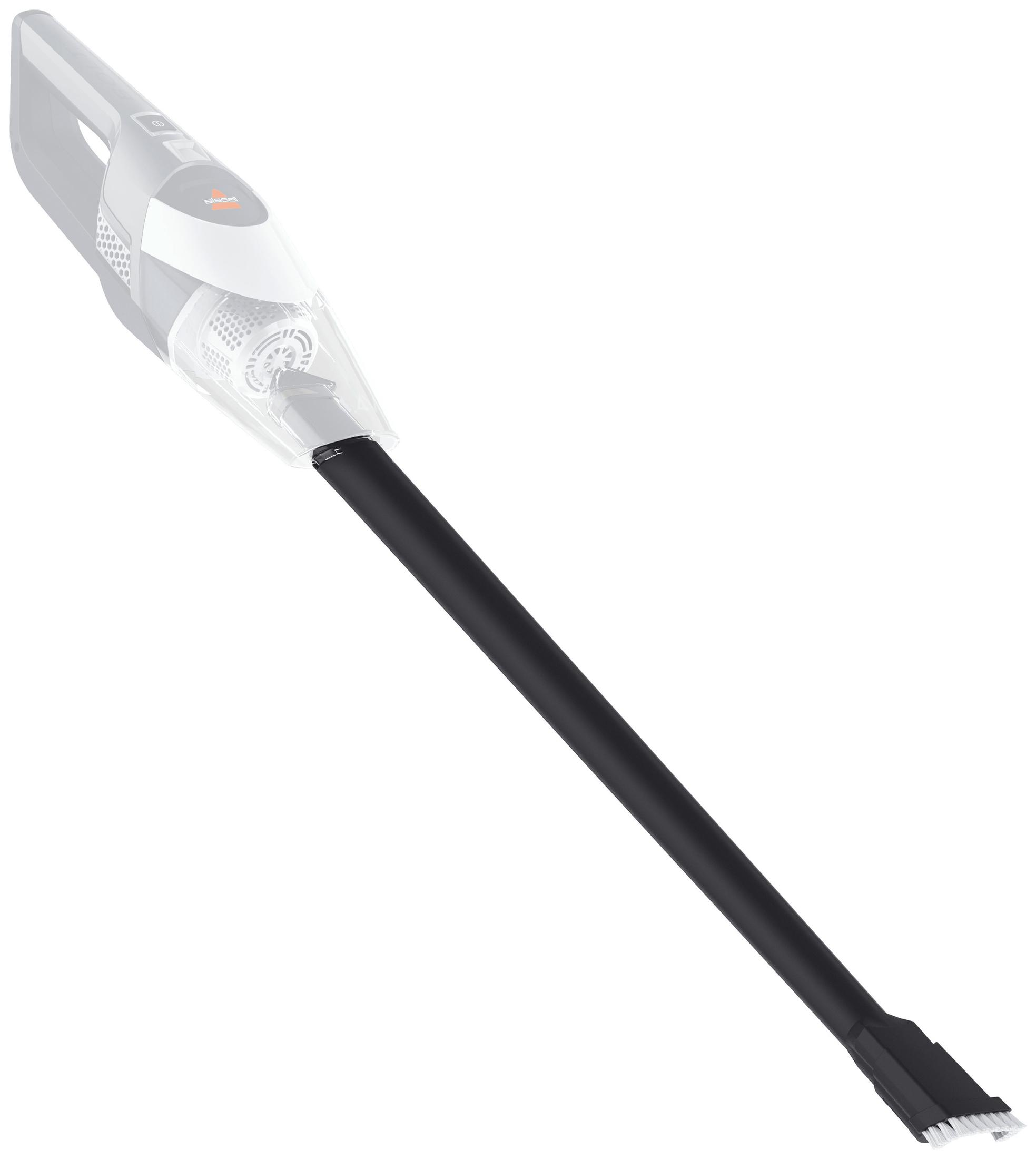 Sfondo bianco con aspirapolvere portatile grigio e trasparente con tubo nero.