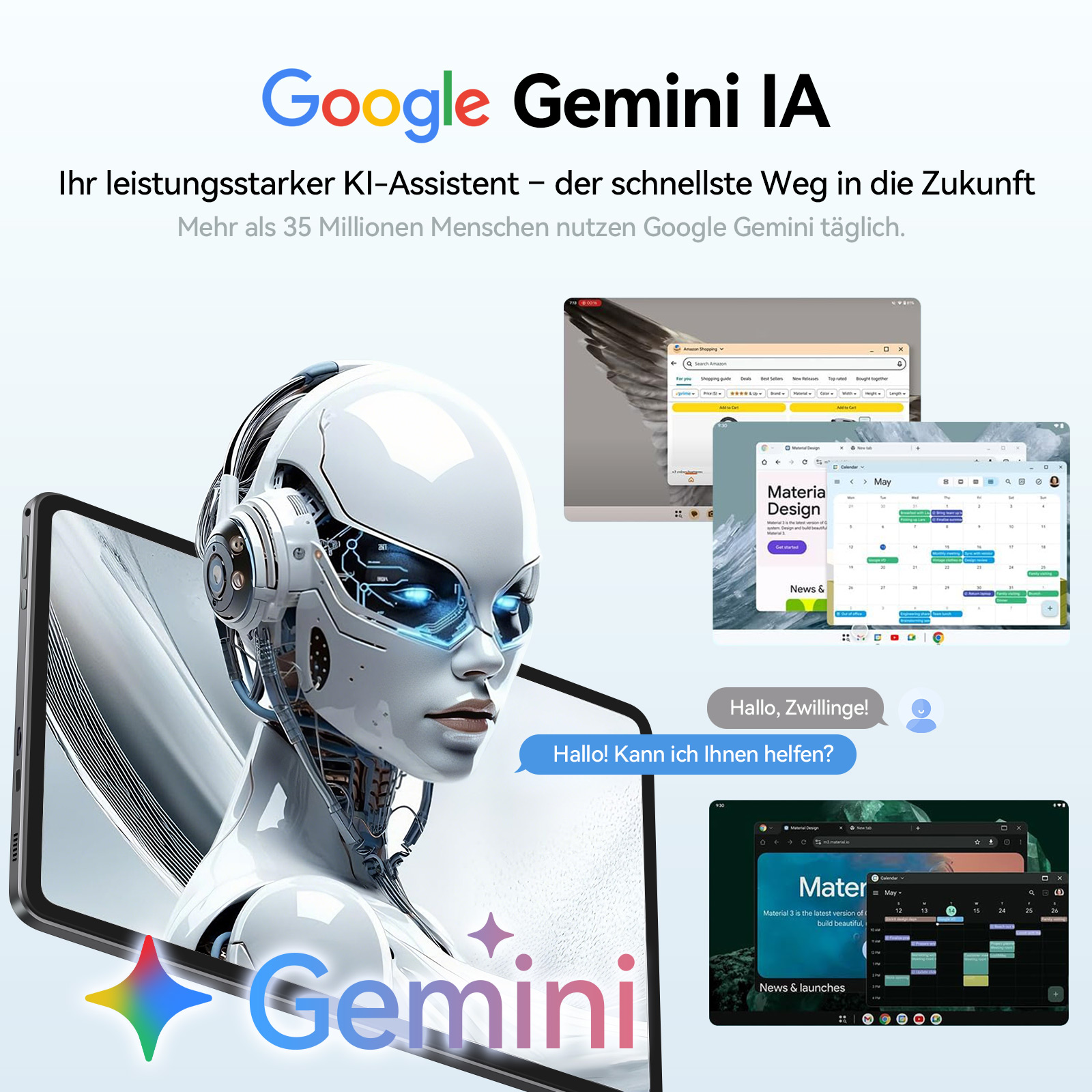 KI-Roboter auf einem Smartphone-Display, mit Google Gemini Text und Kalenderansichten.