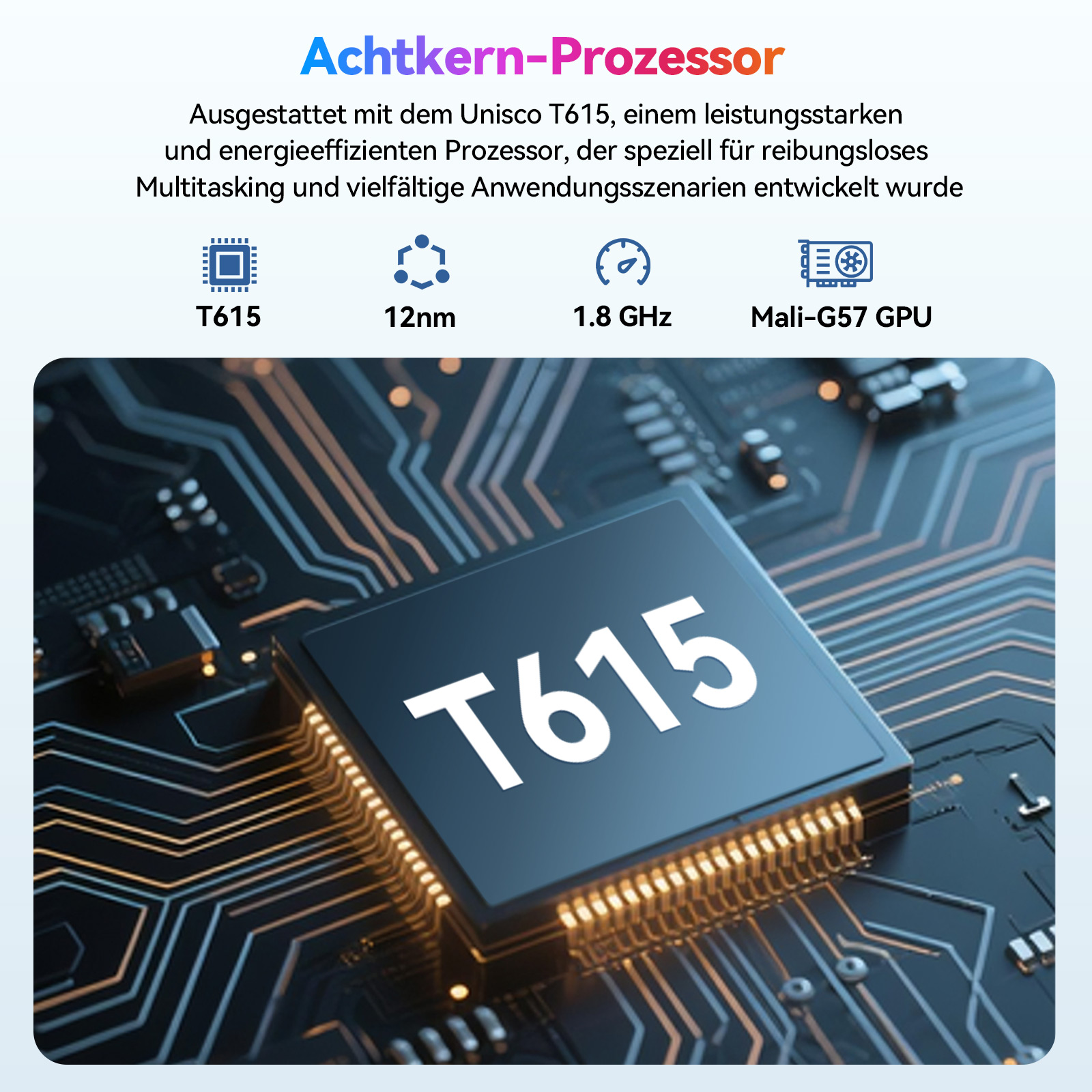 Nahaufnahme eines Prozessors mit der Aufschrift T615 auf einer Leiterplatte.