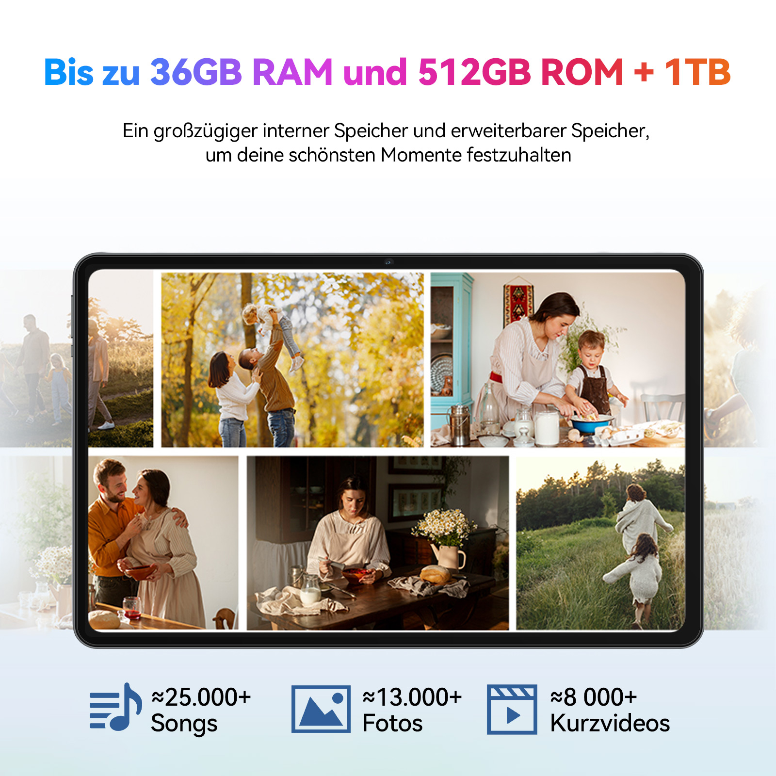 Tablet zeigt Familienfotos, Kochen, und Kinder im Freien. Speicherkapazität: 36GB RAM, 512GB ROM, 1TB.