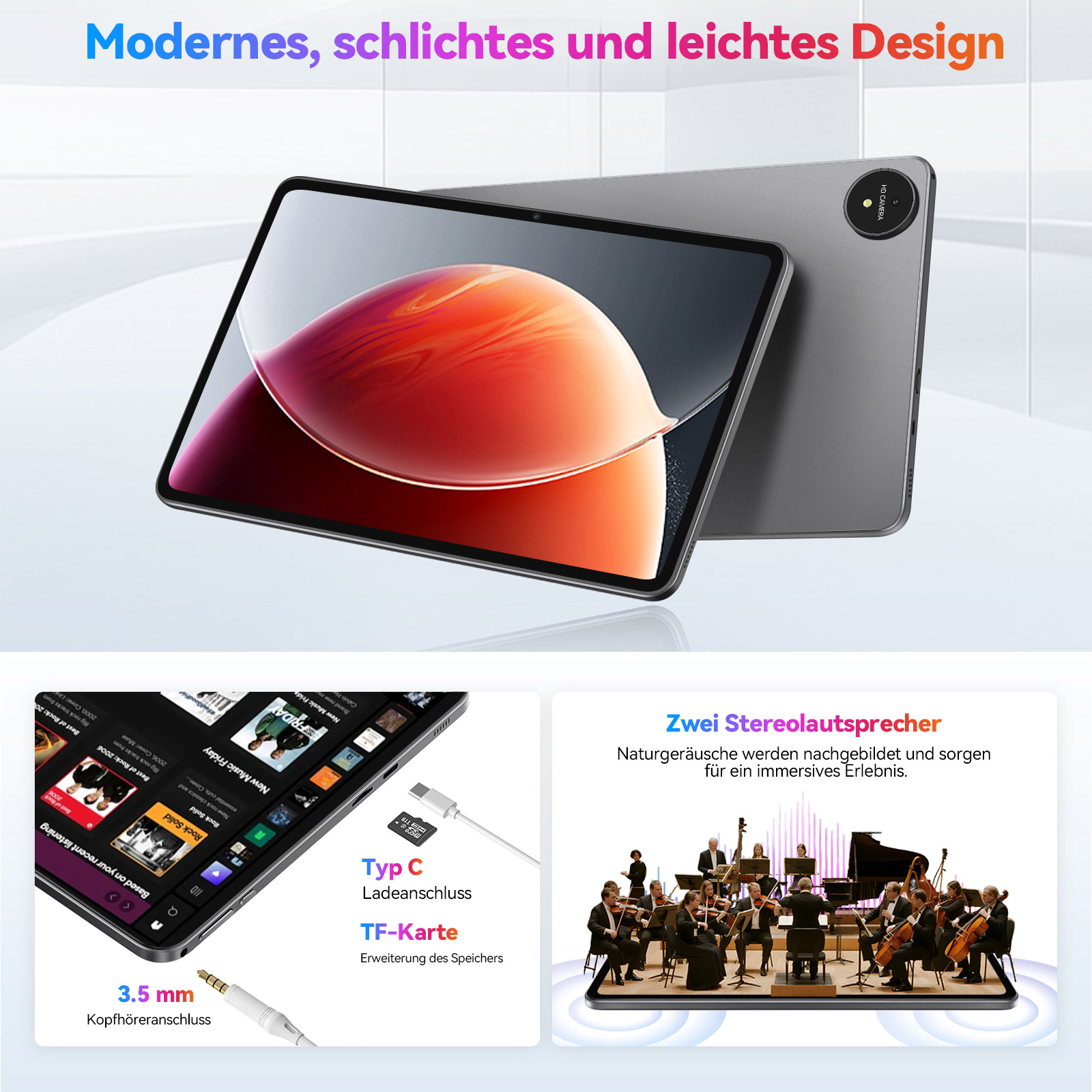 Ein modernes Tablet mit Musik-App, Anschlüssen und Orchester.