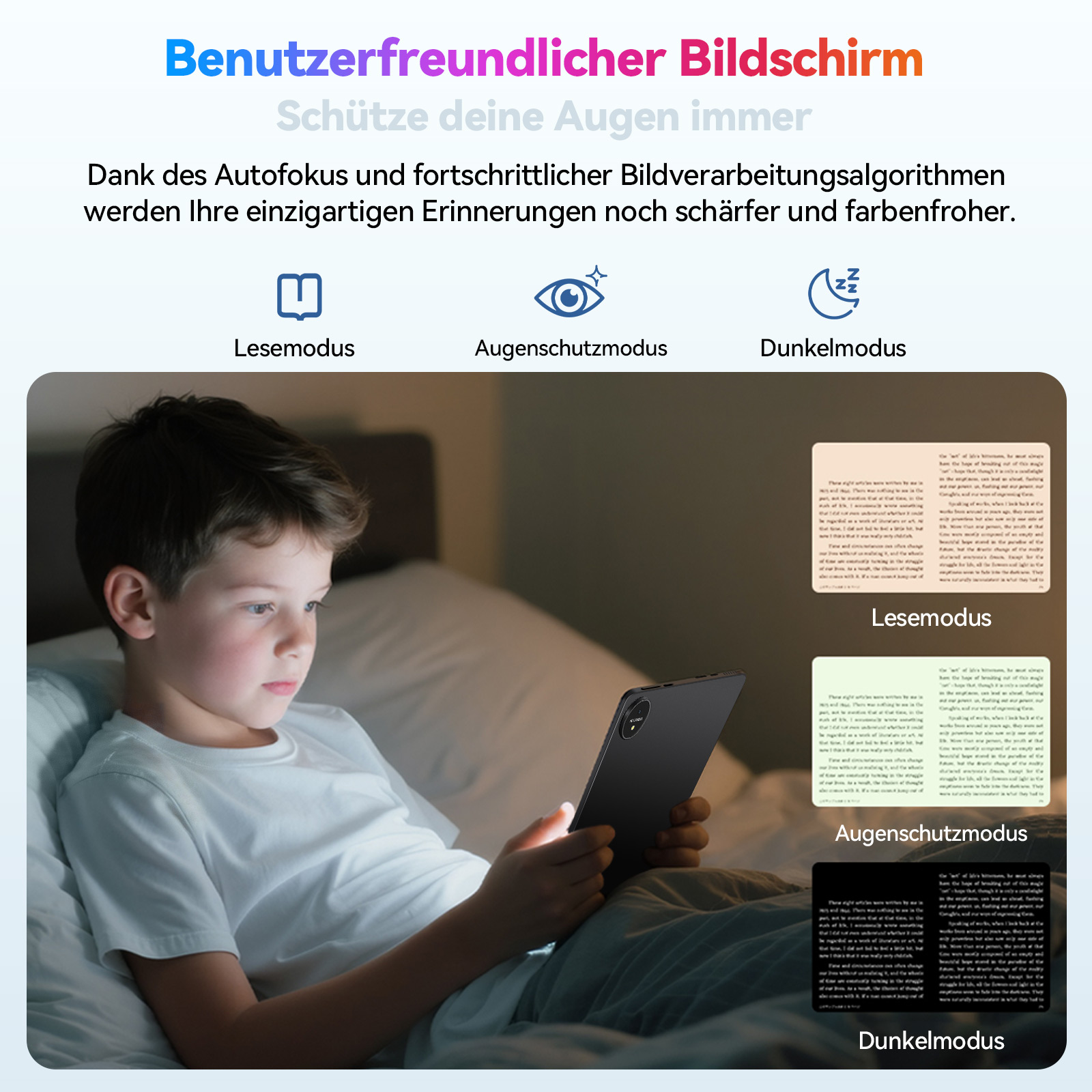 Junge liest auf einem Tablet mit verschiedenen Bildschirmmodi: Lesemodus, Augenschutzmodus, Dunkelmodus.