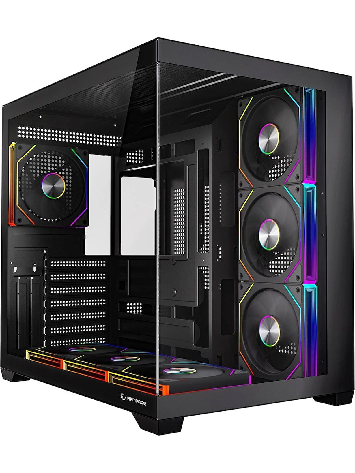 Cam önlü siyah PC kasası, önde, üstte ve altta RGB fanlar.