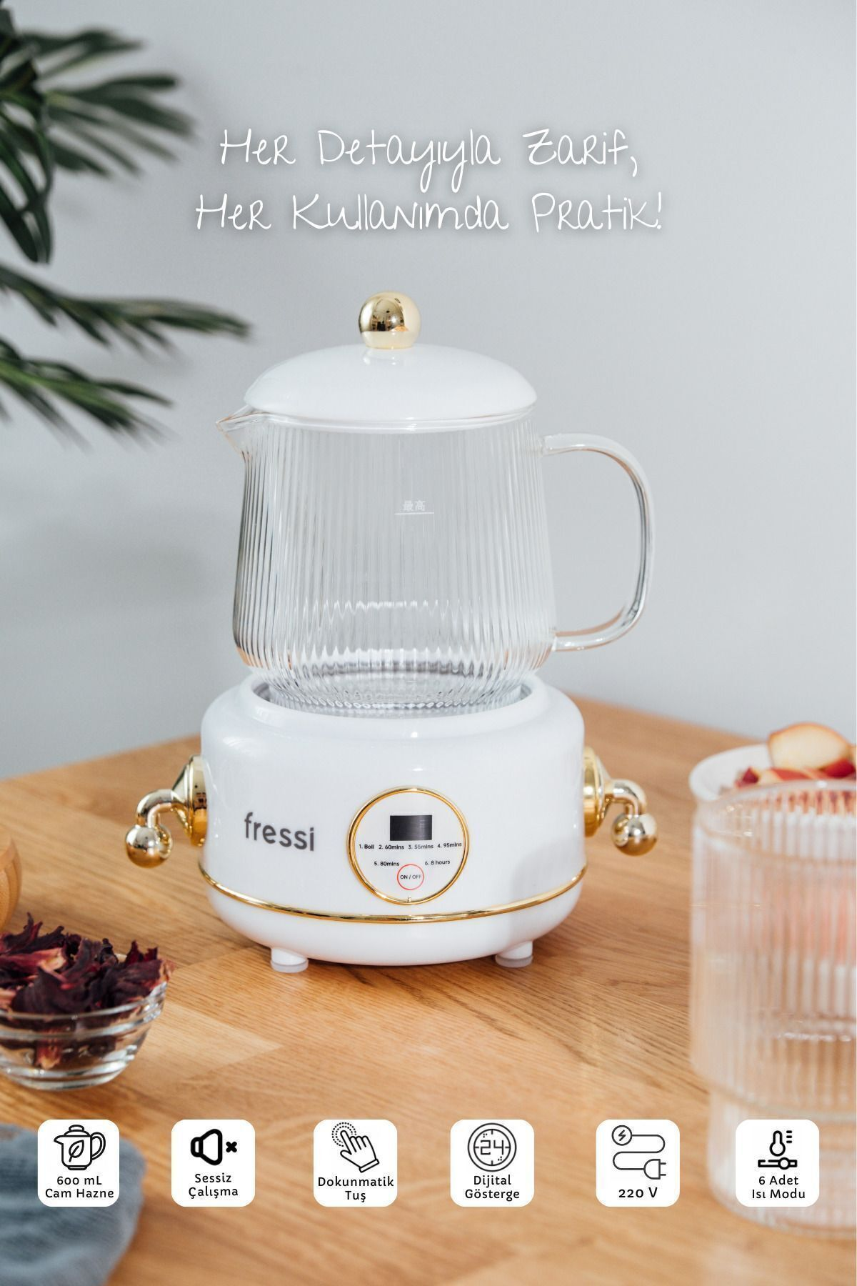 FRESSI YSB-GC02 Eiffel Cam Su Isıtıcısı Kettle Elektrikli Çok Fonksiyonlu 600 ml Bitki Çayı Makinesi Beyaz