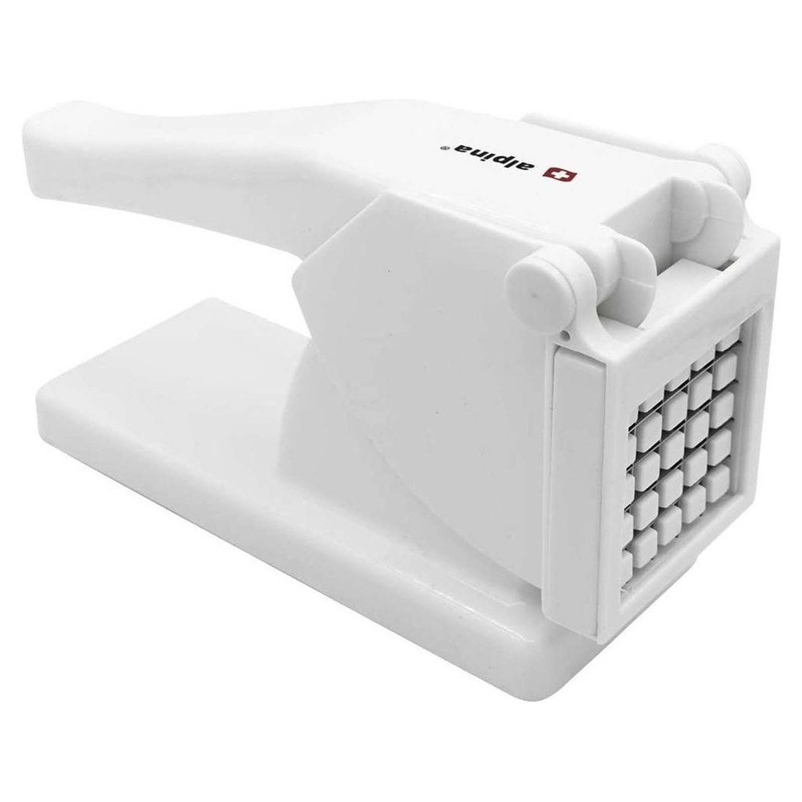 Taglia patatine bianco con manico e griglia di lame.